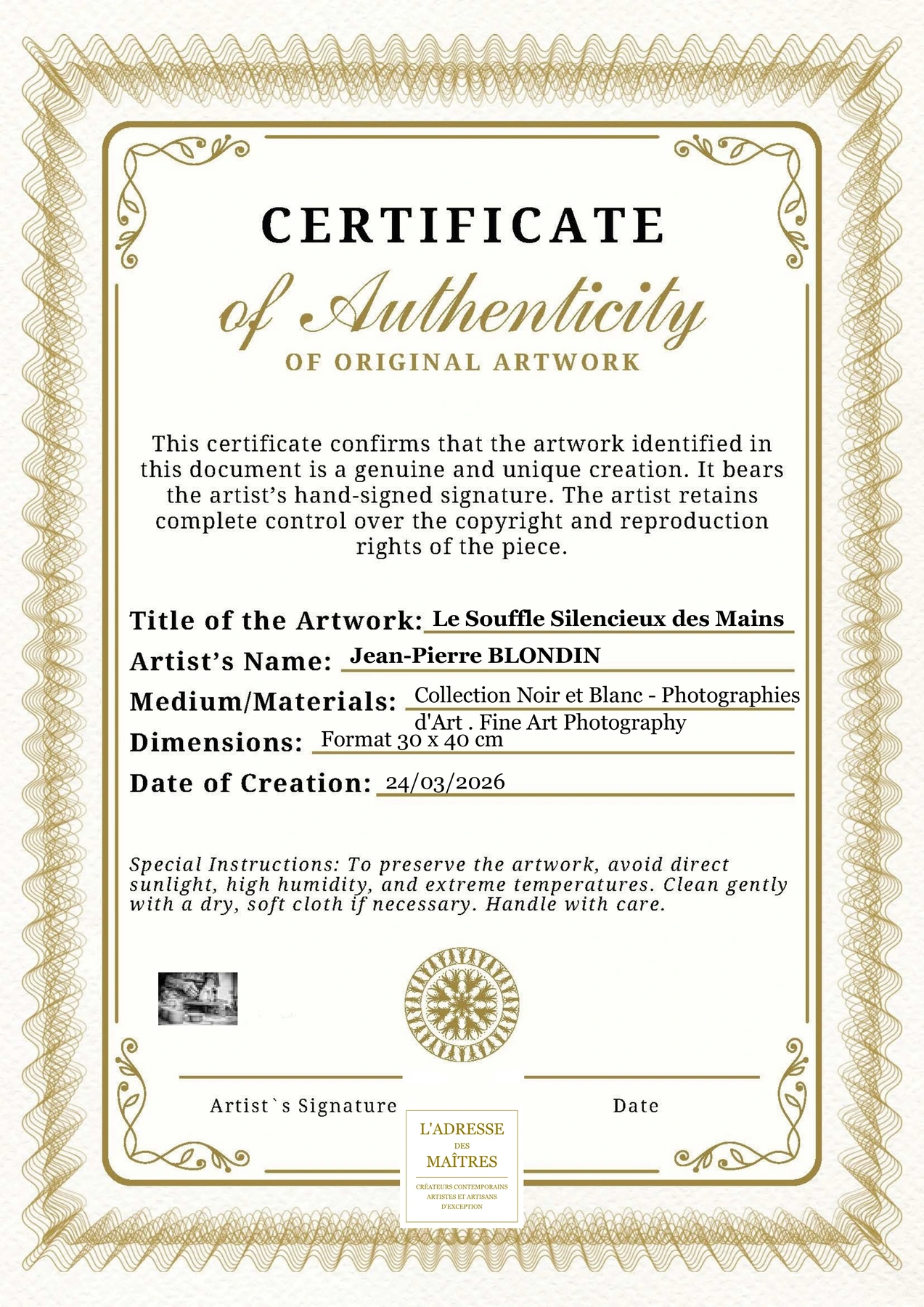 Certificat d'authenticité - Le Souffle Silencieux des Mains - Jean-Pierre BLONDIN