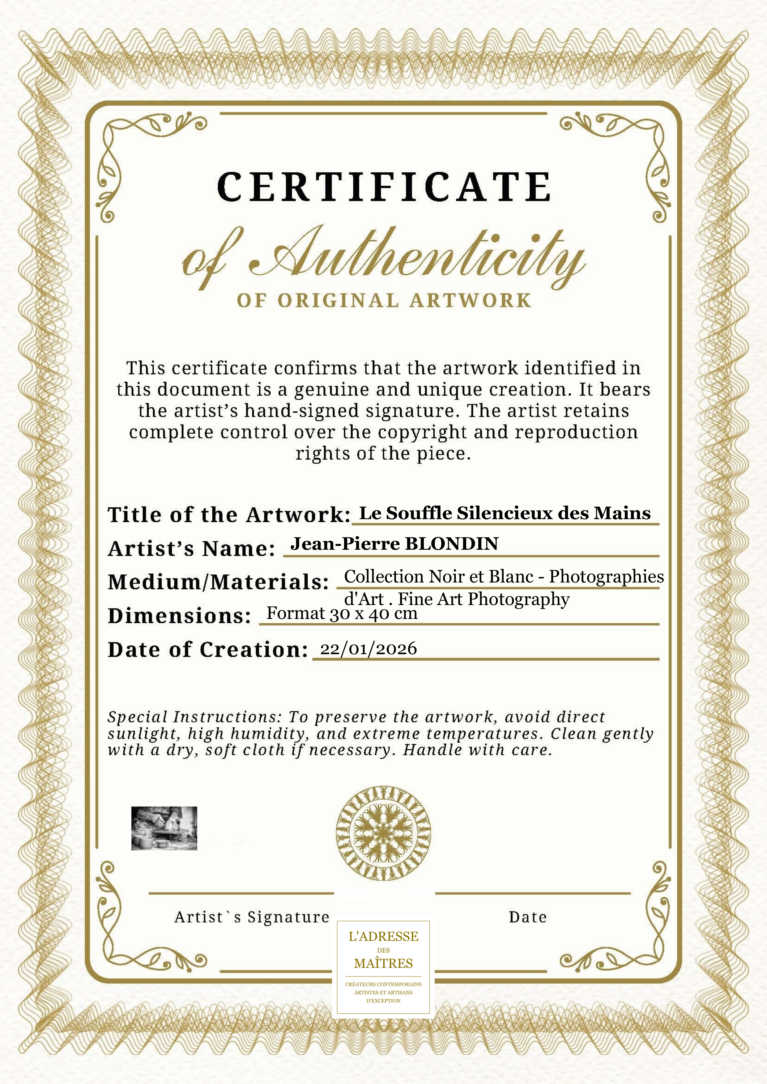 Certificat d'authenticité — Le Souffle Silencieux des Mains — Jean-Pierre BLONDIN