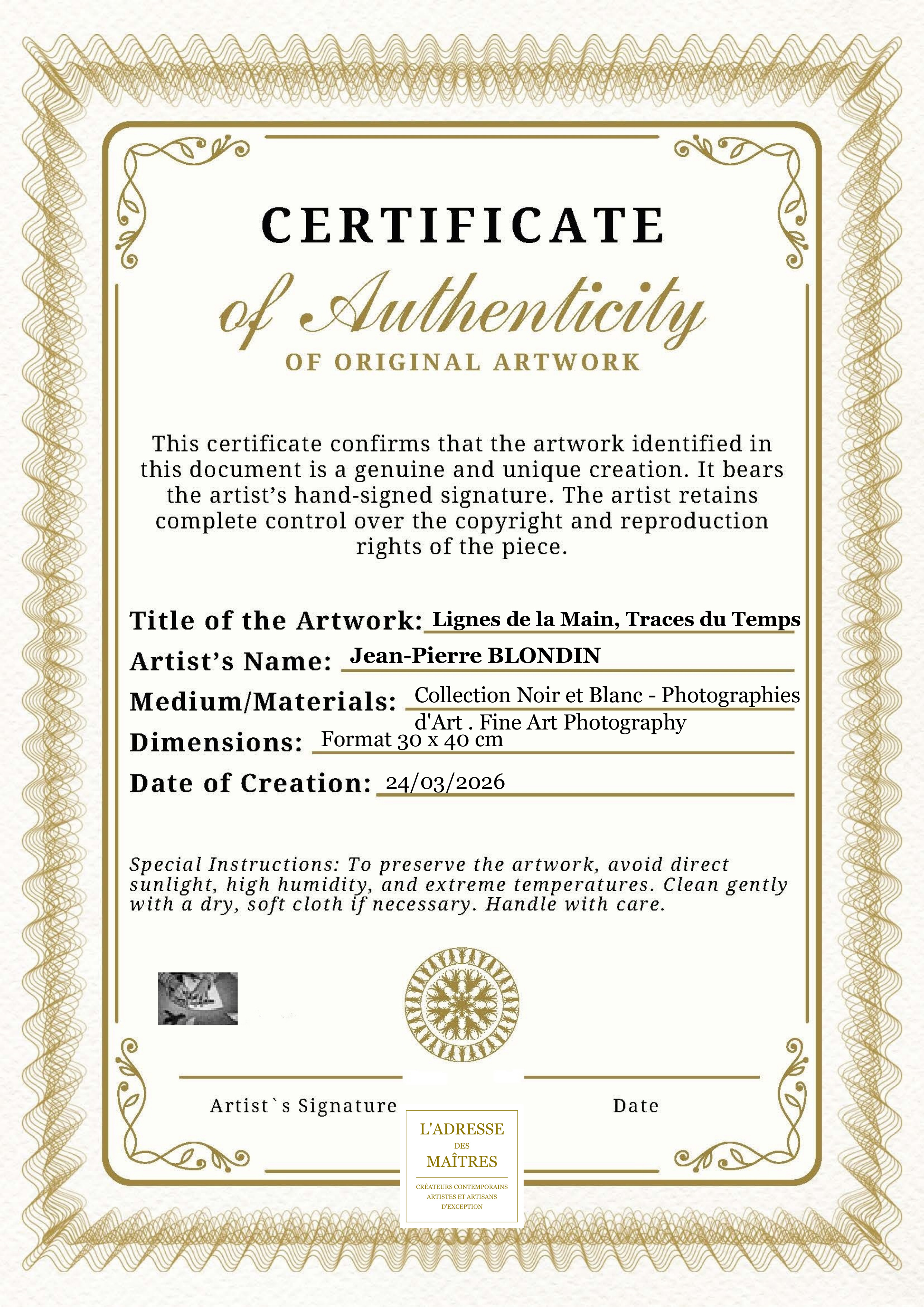 Certificat d'authenticité — Lignes de la Main, Traces du Temps — Jean-Pierre BLONDIN