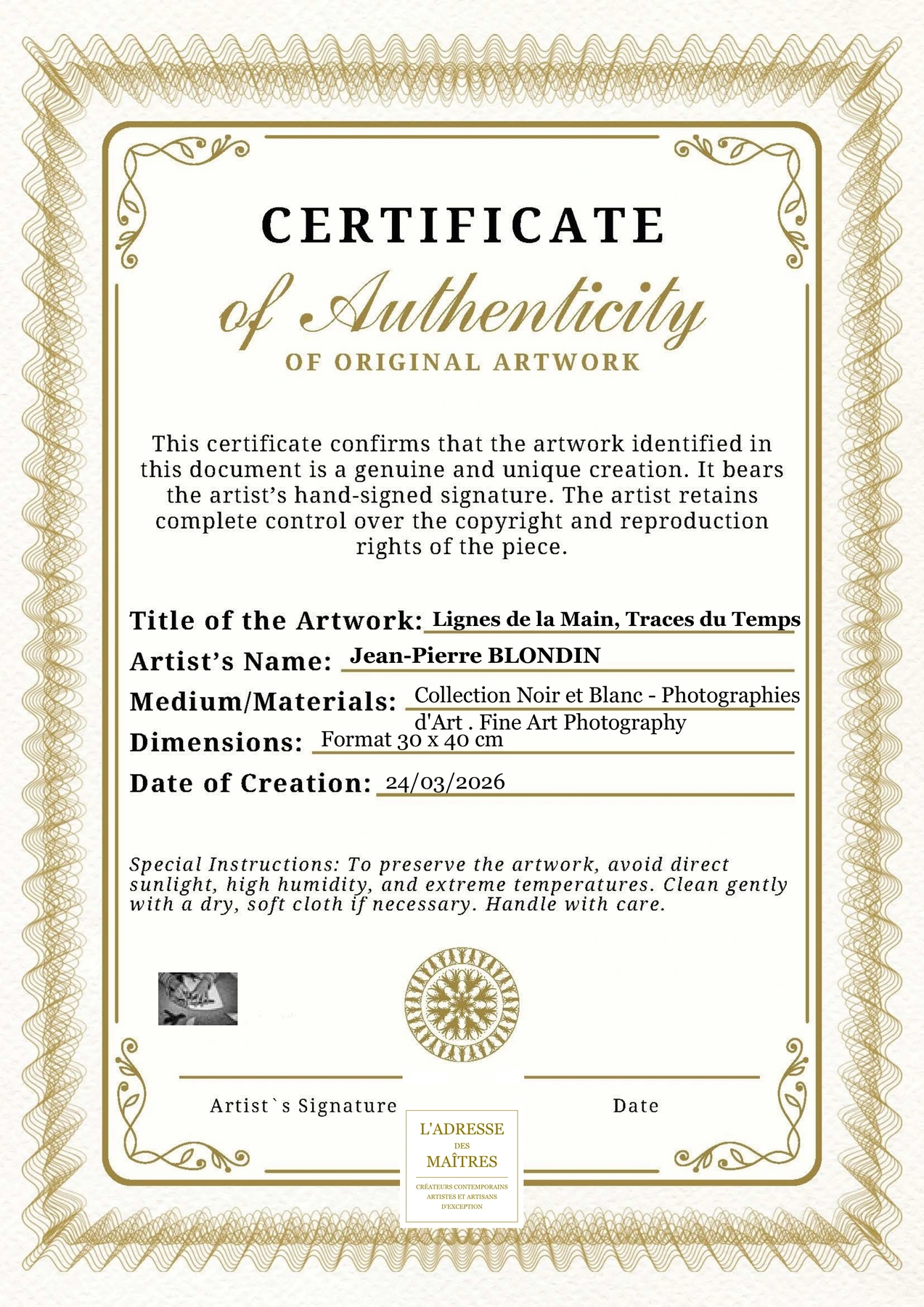 Certificat d'authenticité - Lignes de la Main, Traces du Temps - Jean-Pierre BLONDIN