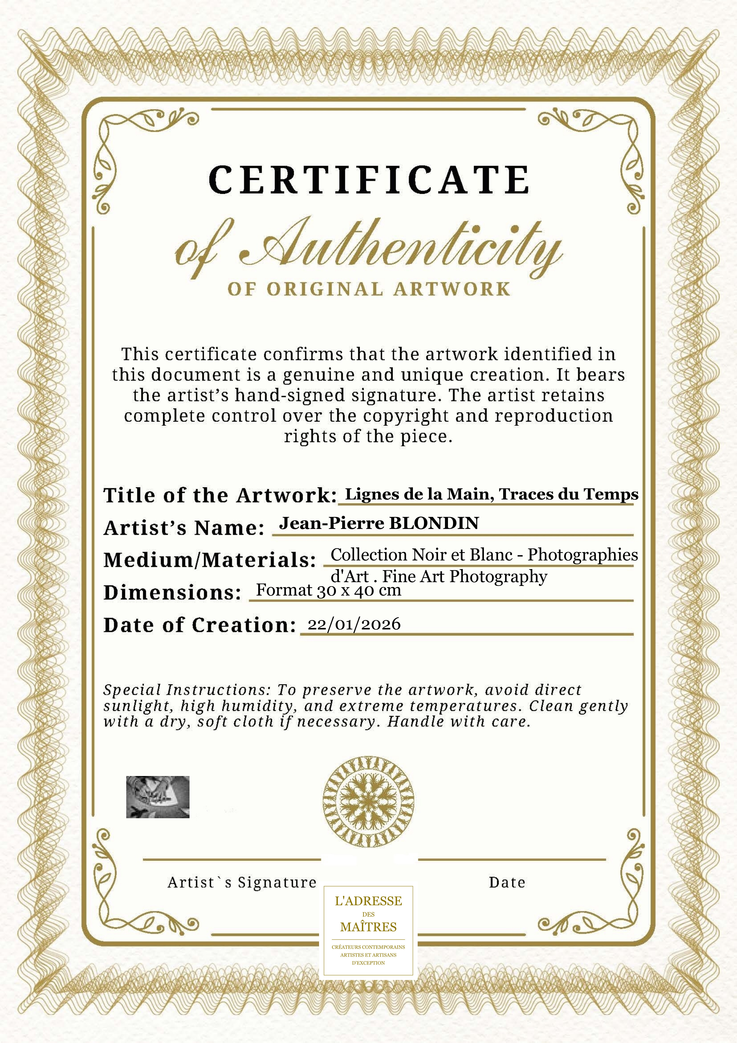 Certificat d'authenticité — Lignes de la Main, Traces du Temps — Jean-Pierre BLONDIN