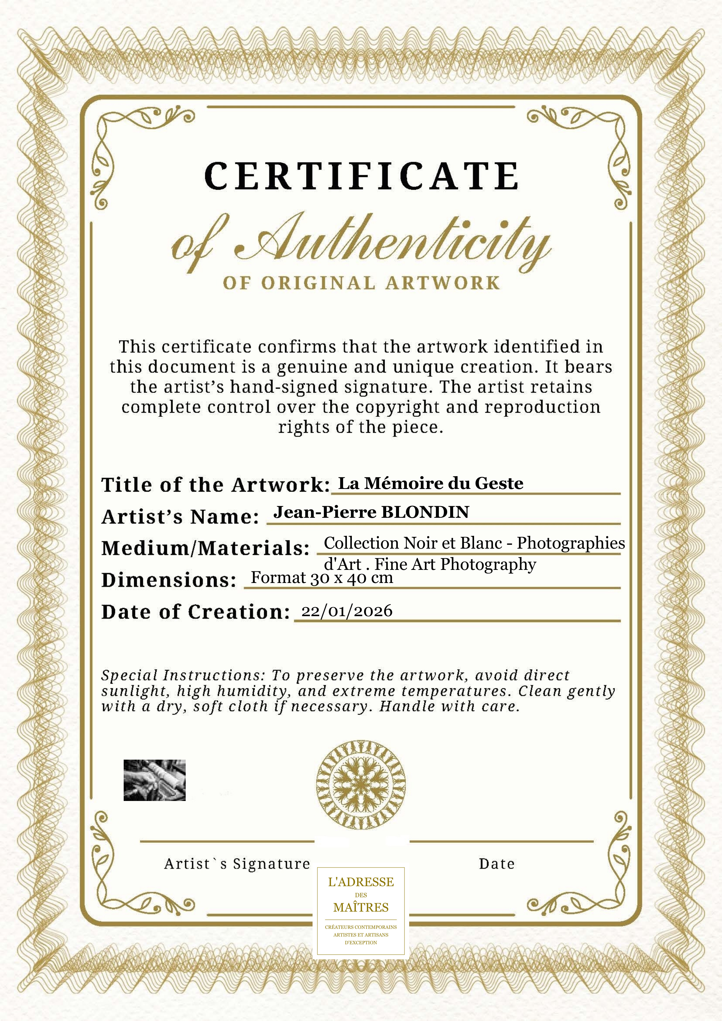 Certificat d'authenticité — La Mémoire du Geste — Jean-Pierre BLONDIN