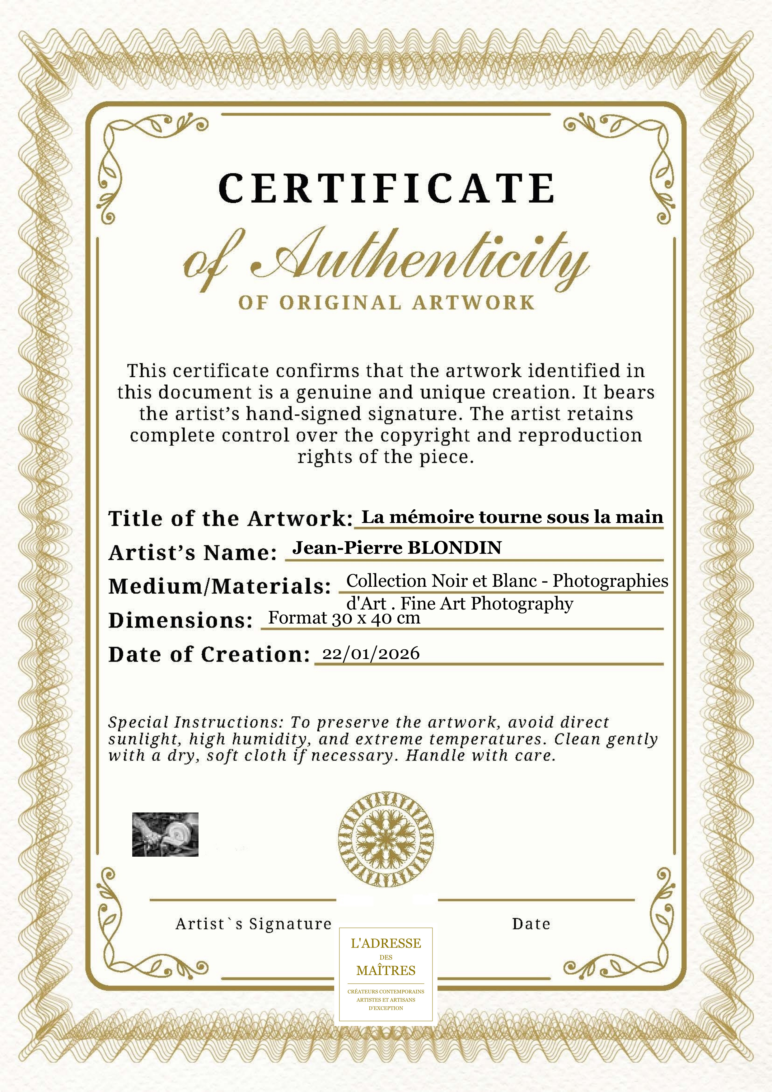 Certificat d'authenticité — La mémoire tourne sous la main — Jean-Pierre BLONDIN