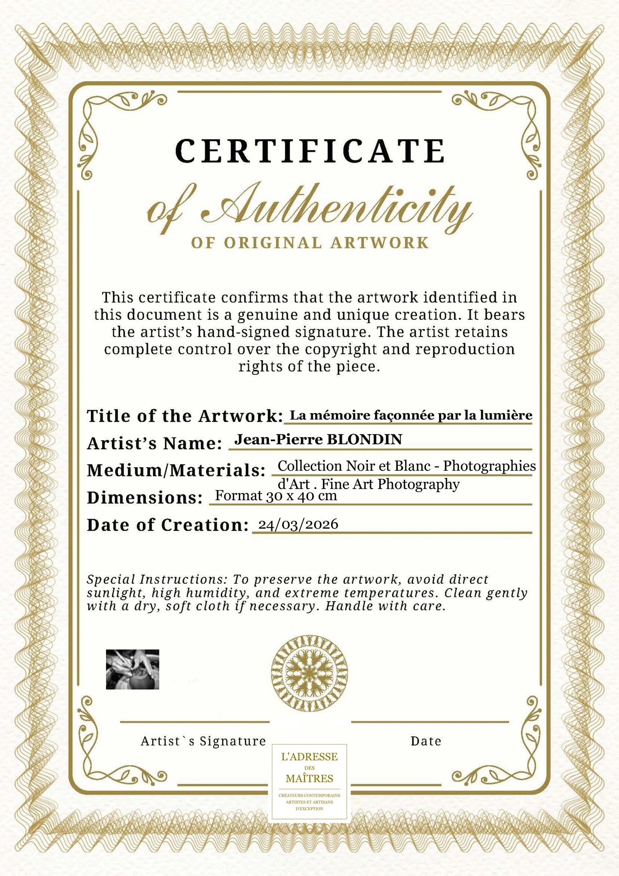Certificat d'authenticité - La mémoire façonnée par la lumière - Jean-Pierre BLONDIN