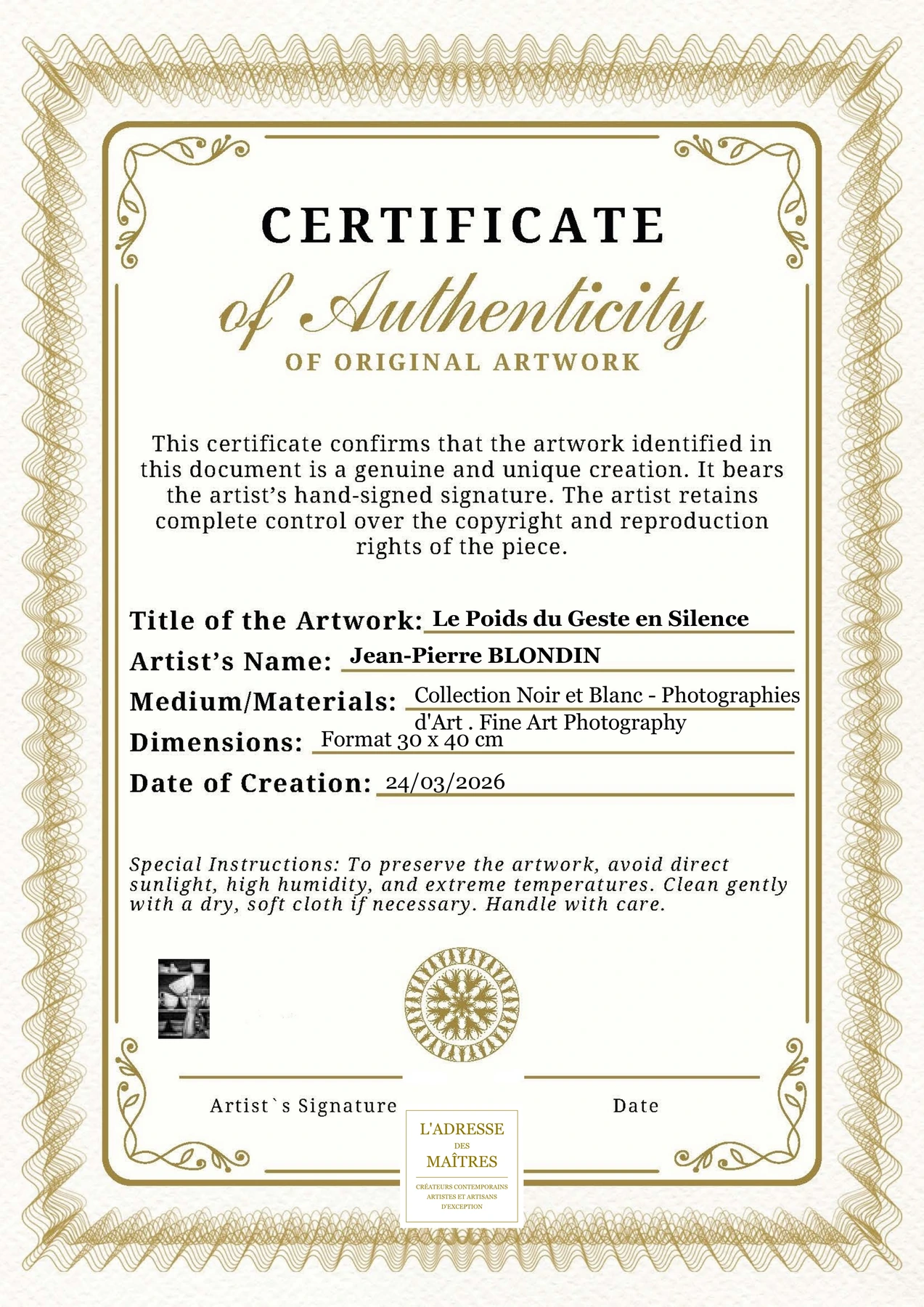 Certificat d'authenticité - Le Poids du Geste en Silence - Jean-Pierre BLONDIN