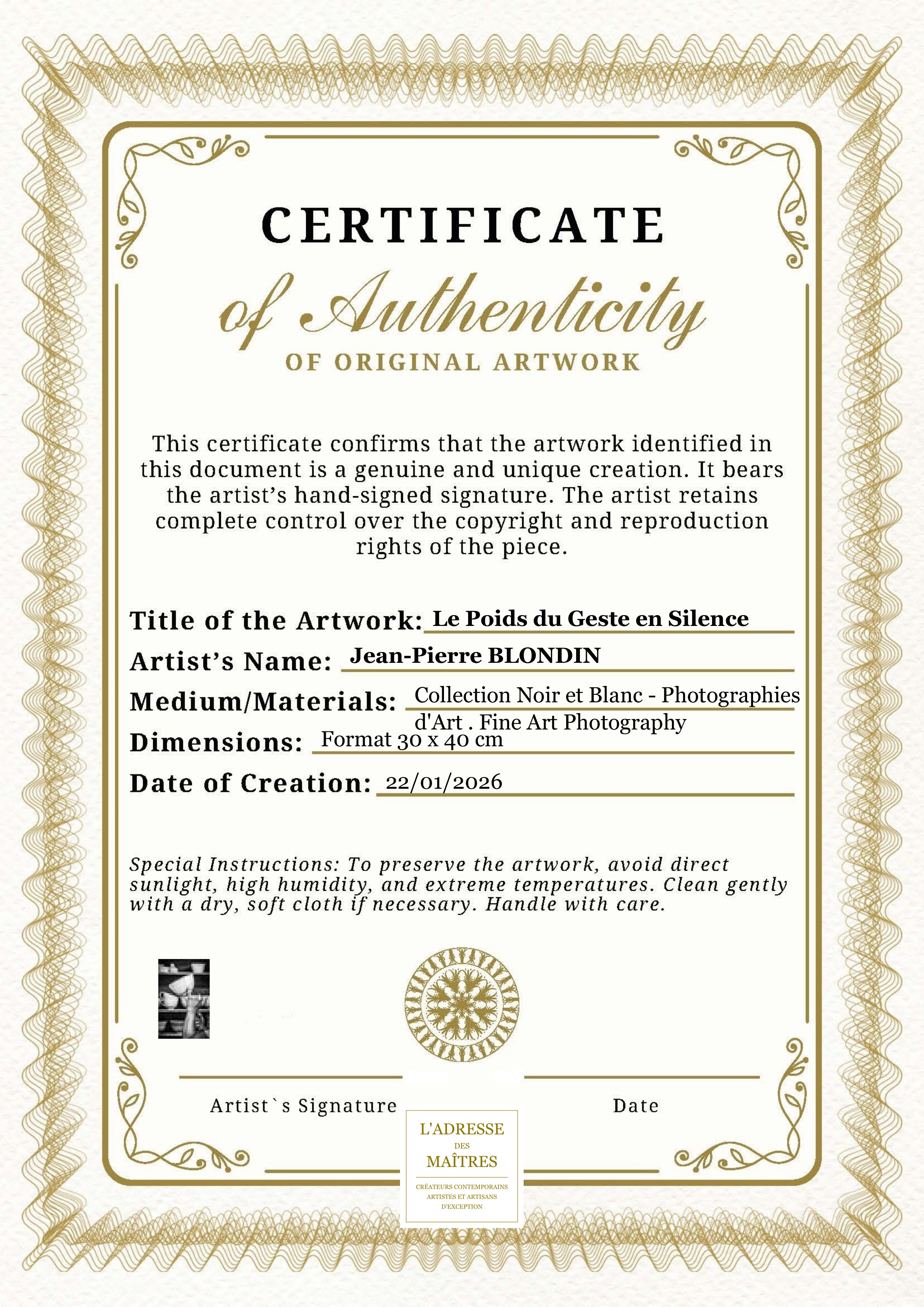 Certificat d'authenticité — Le Poids du Geste en Silence — Jean-Pierre BLONDIN