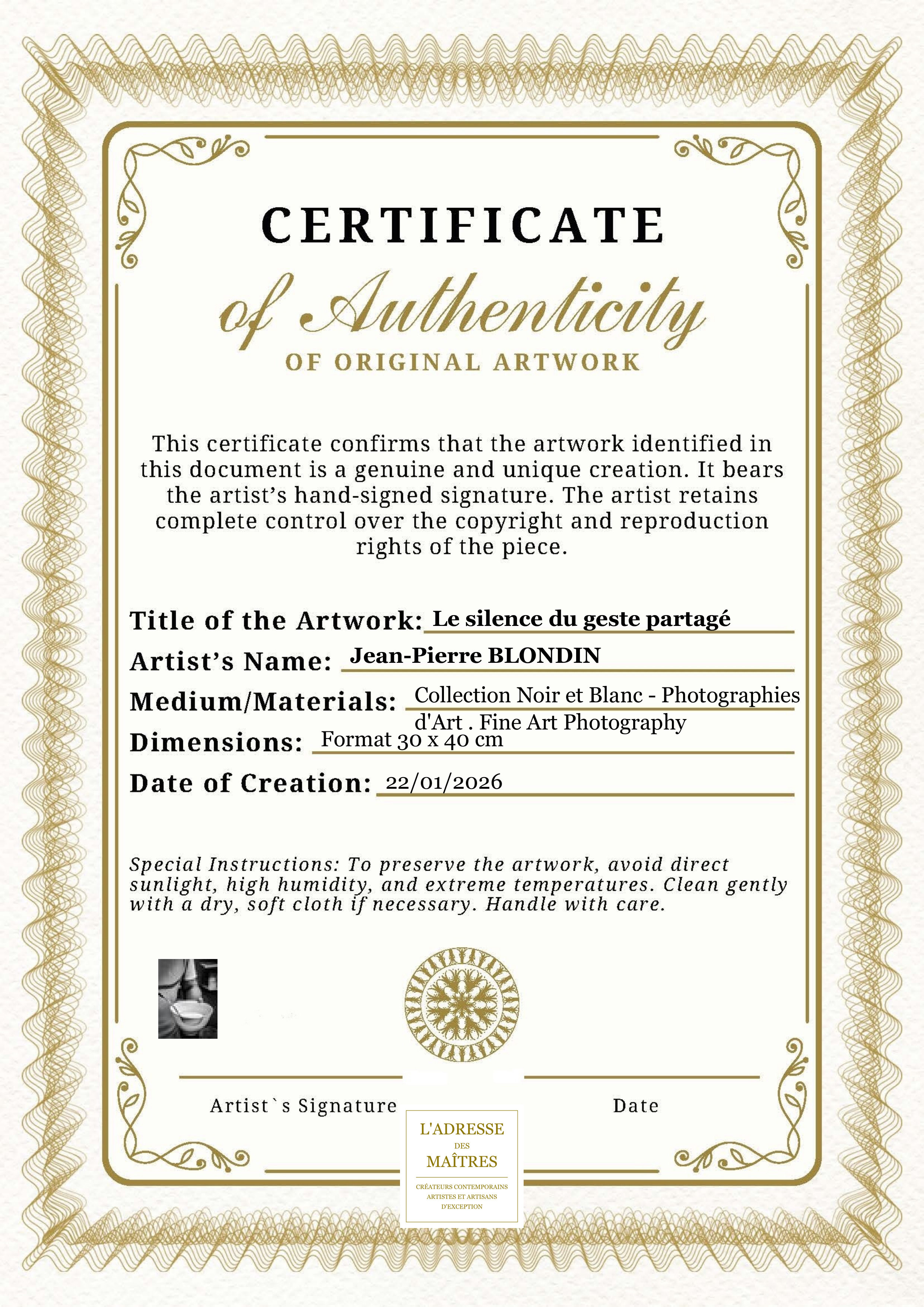 Certificat d'authenticité — Le silence du geste partagé — Jean-Pierre BLONDIN