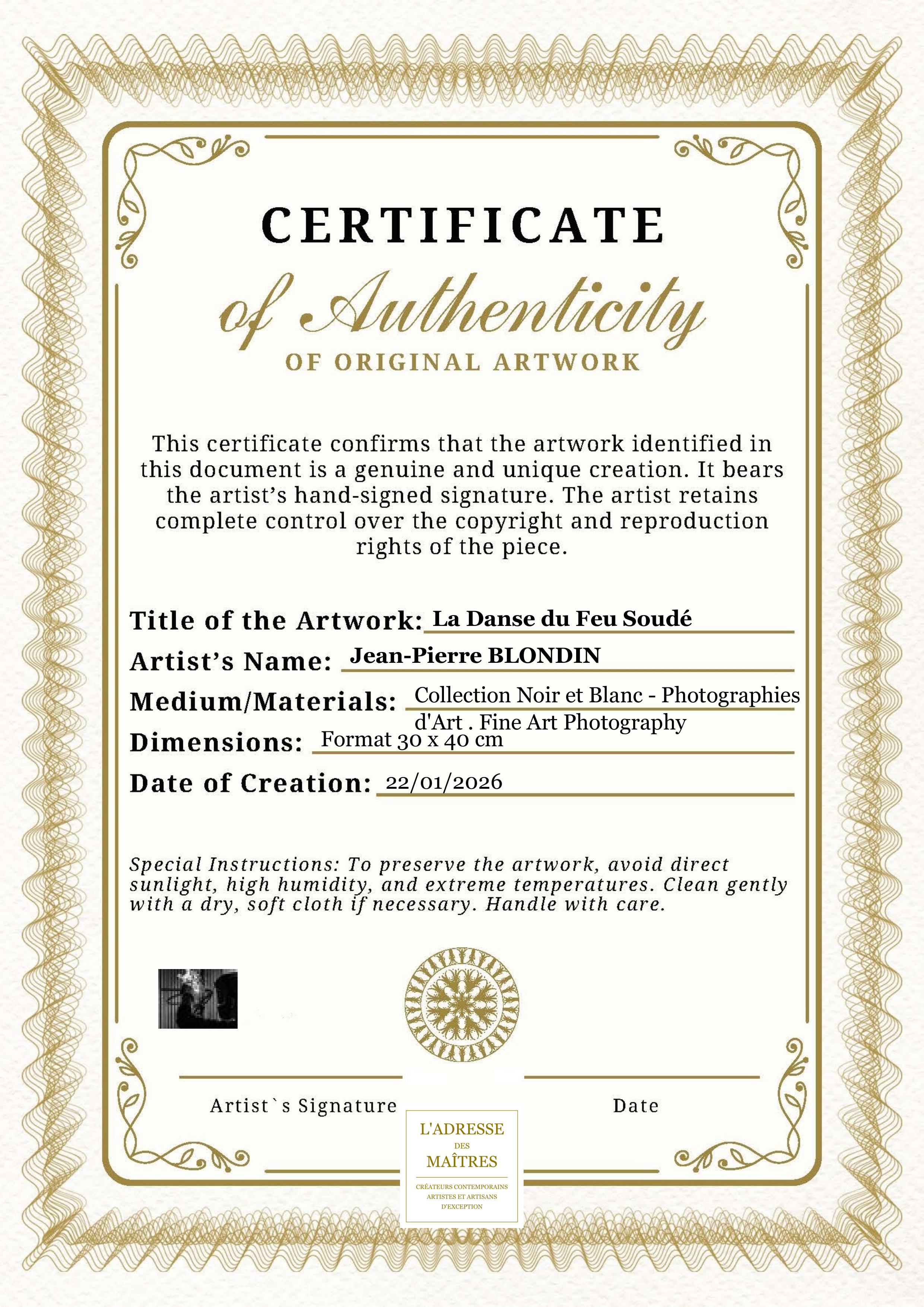 Certificat d'authenticité — La Danse du Feu Soudé — Jean-Pierre BLONDIN