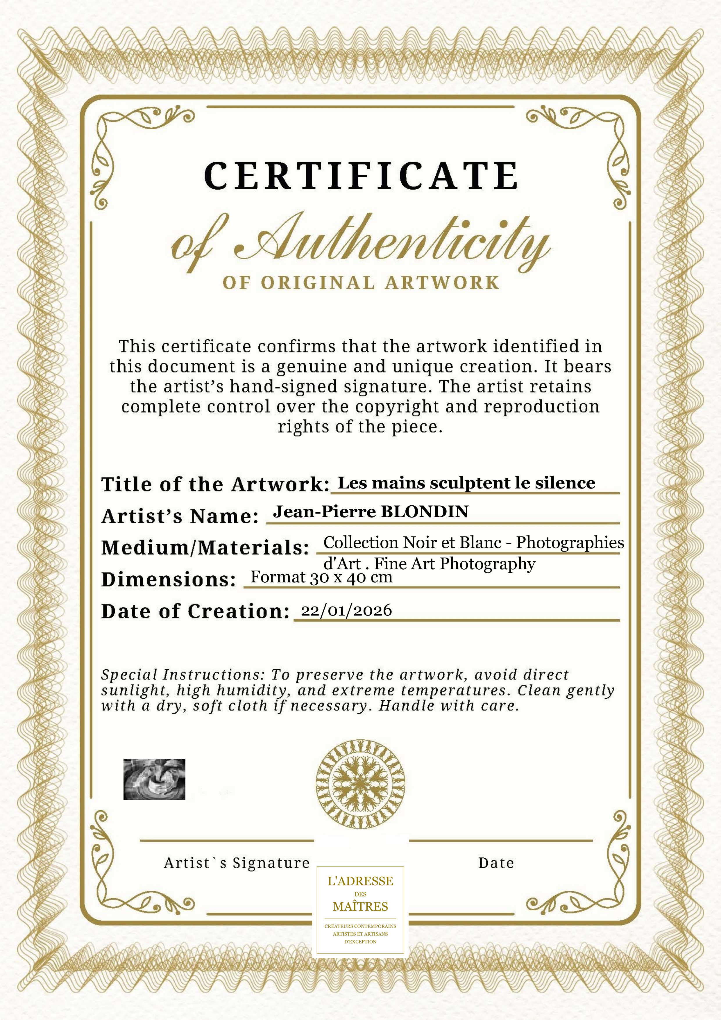 Certificat d'authenticité — Les mains sculptent le silence — Jean-Pierre BLONDIN