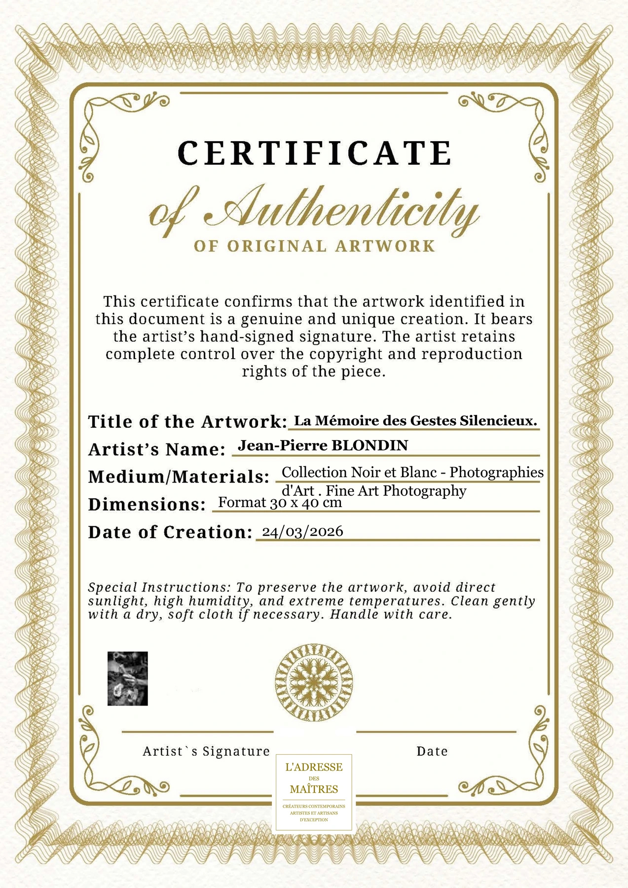 Certificat d'authenticité - La Mémoire des Gestes Silencieux. - Jean-Pierre BLONDIN