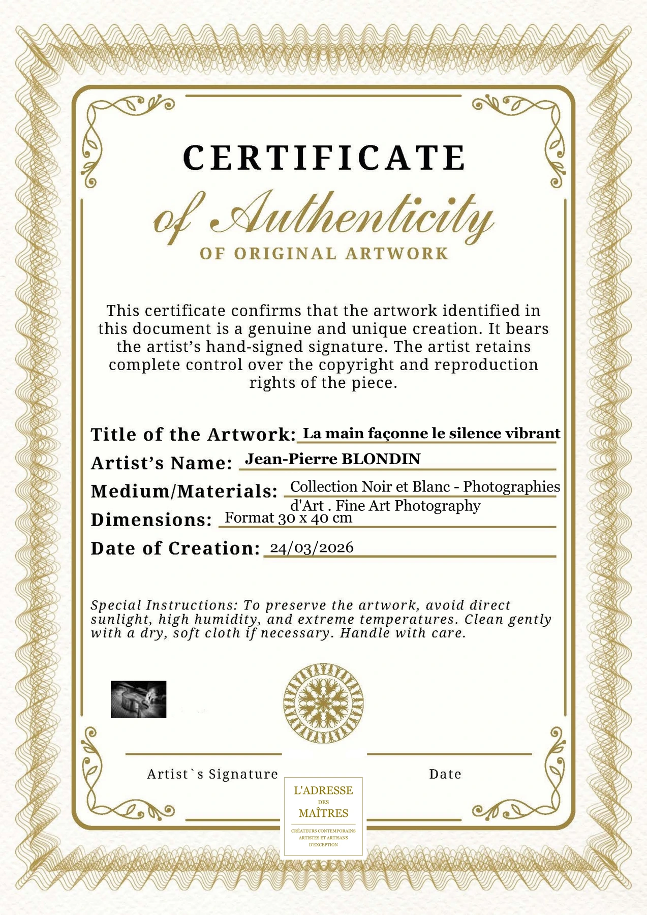 Certificat d'authenticité - La main façonne le silence vibrant - Jean-Pierre BLONDIN