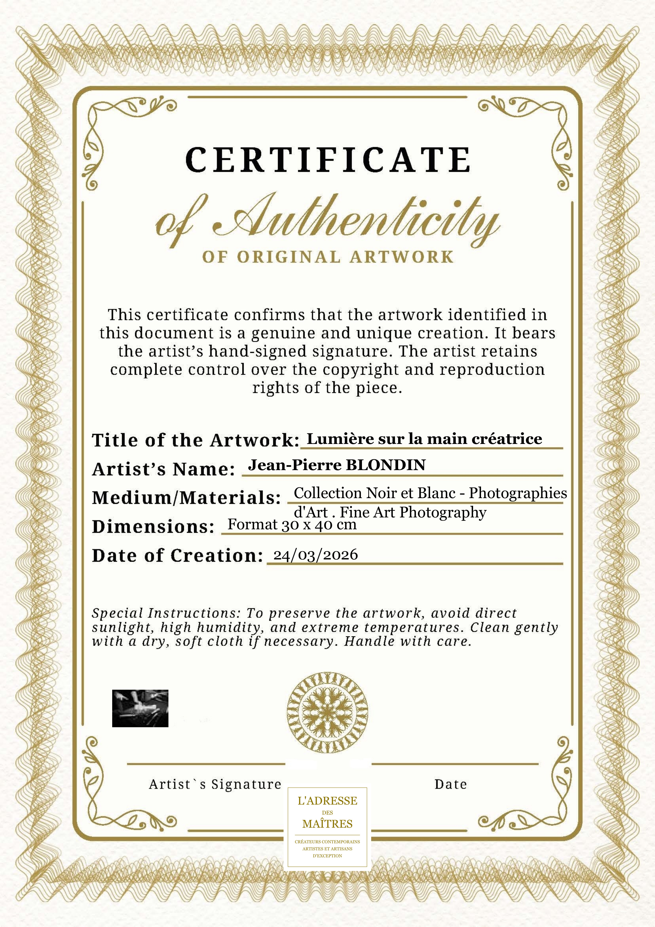 Certificat d'authenticité — Lumière sur la main créatrice — Jean-Pierre BLONDIN