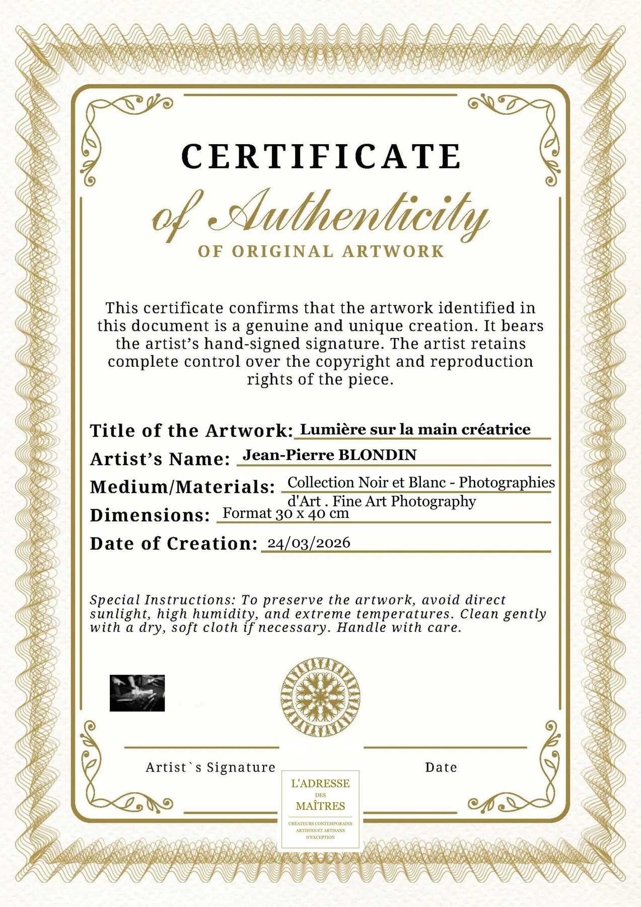 Certificat d'authenticité - Lumière sur la main créatrice - Jean-Pierre BLONDIN