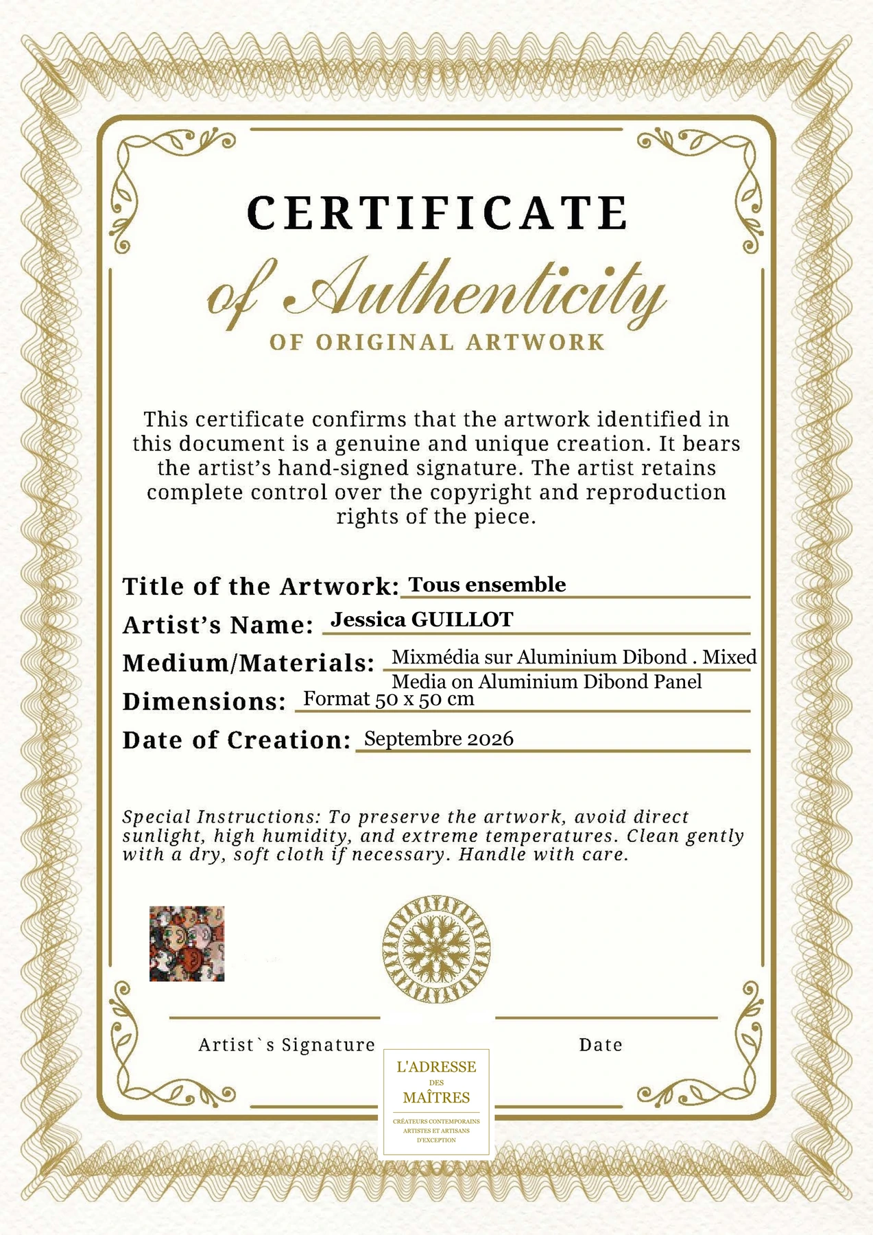 Certificat d'authenticité - Tous ensemble - Jessica GUILLOT