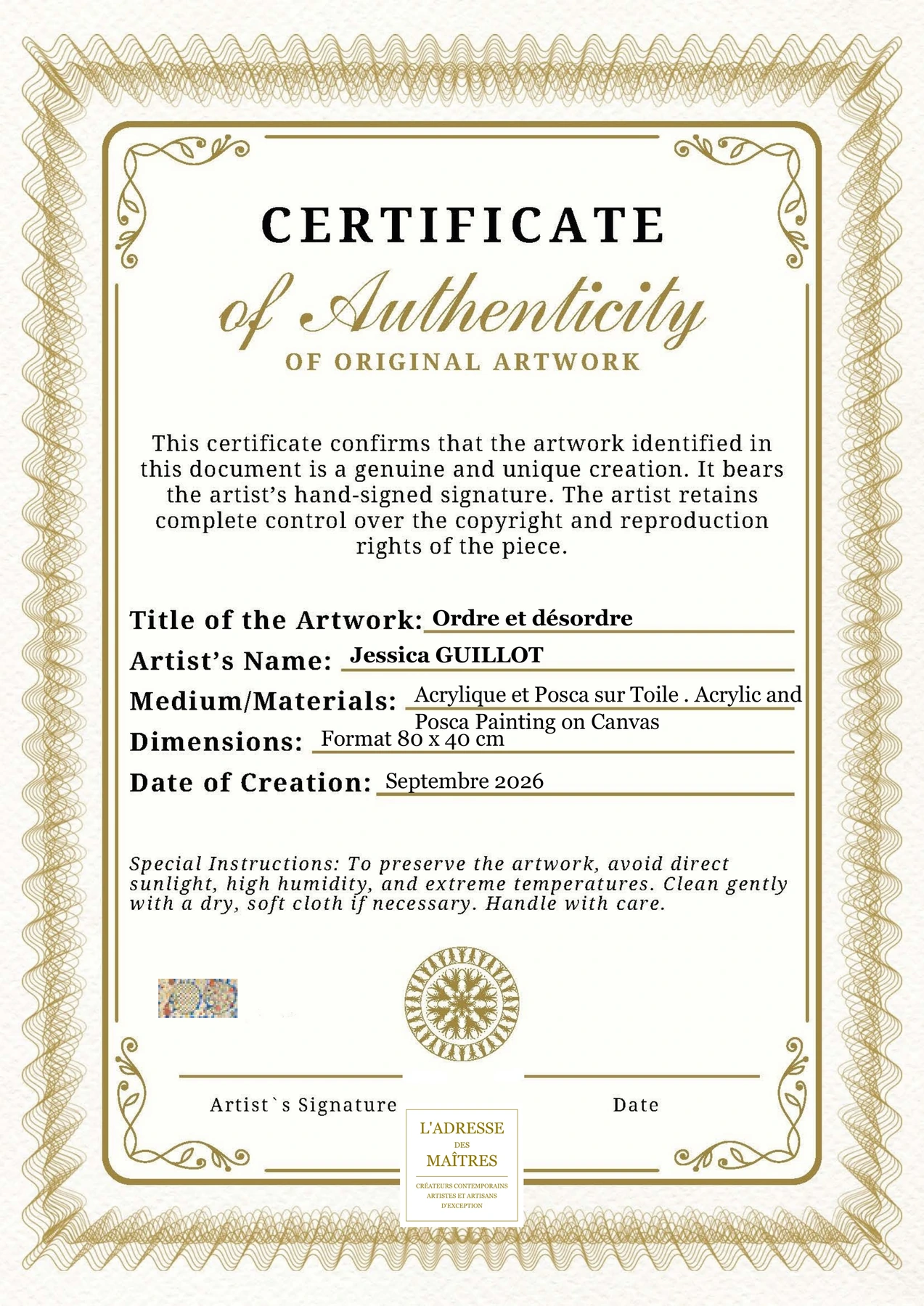 Certificat d'authenticité - Ordre et désordre - Jessica GUILLOT