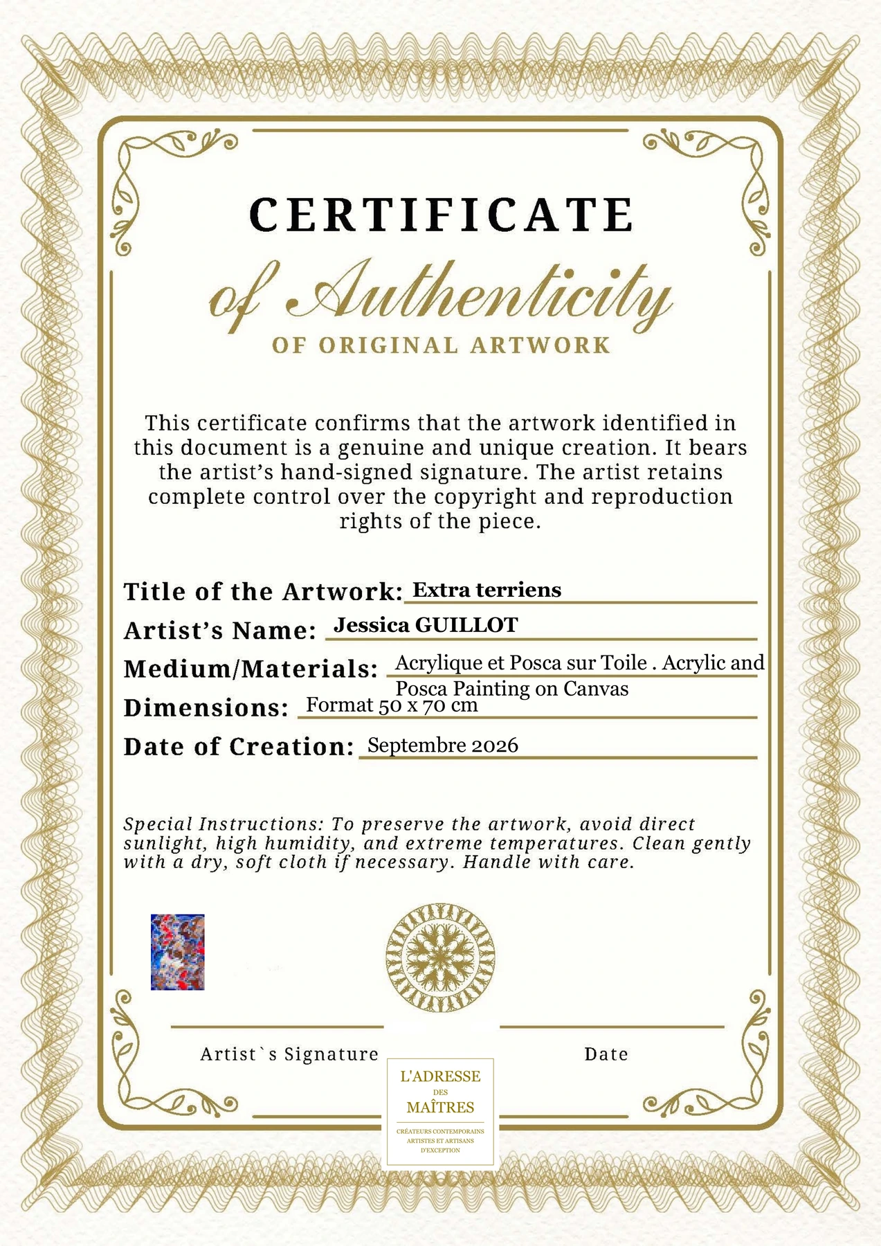 Certificat d'authenticité - Extra terriens - Jessica GUILLOT
