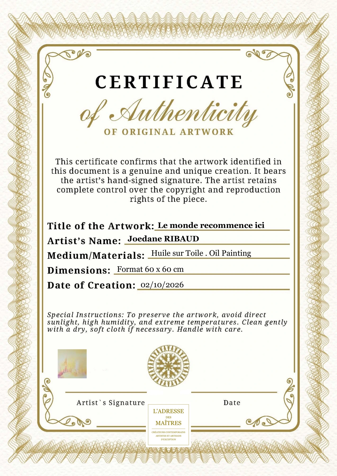 Certificat d'authenticité - Le monde recommence ici - Joedane RIBAUD
