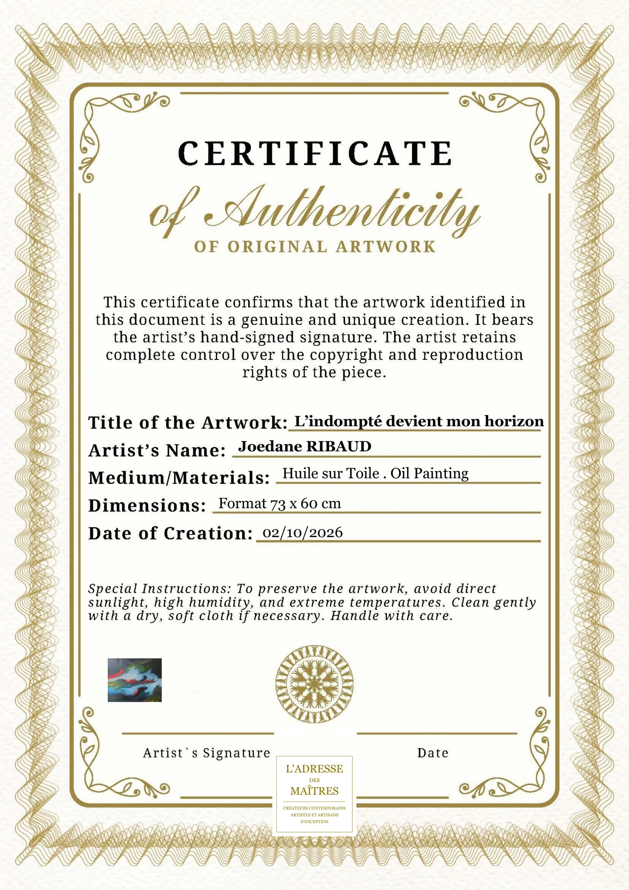 Certificat d'authenticité - L’indompté devient mon horizon - Joedane RIBAUD