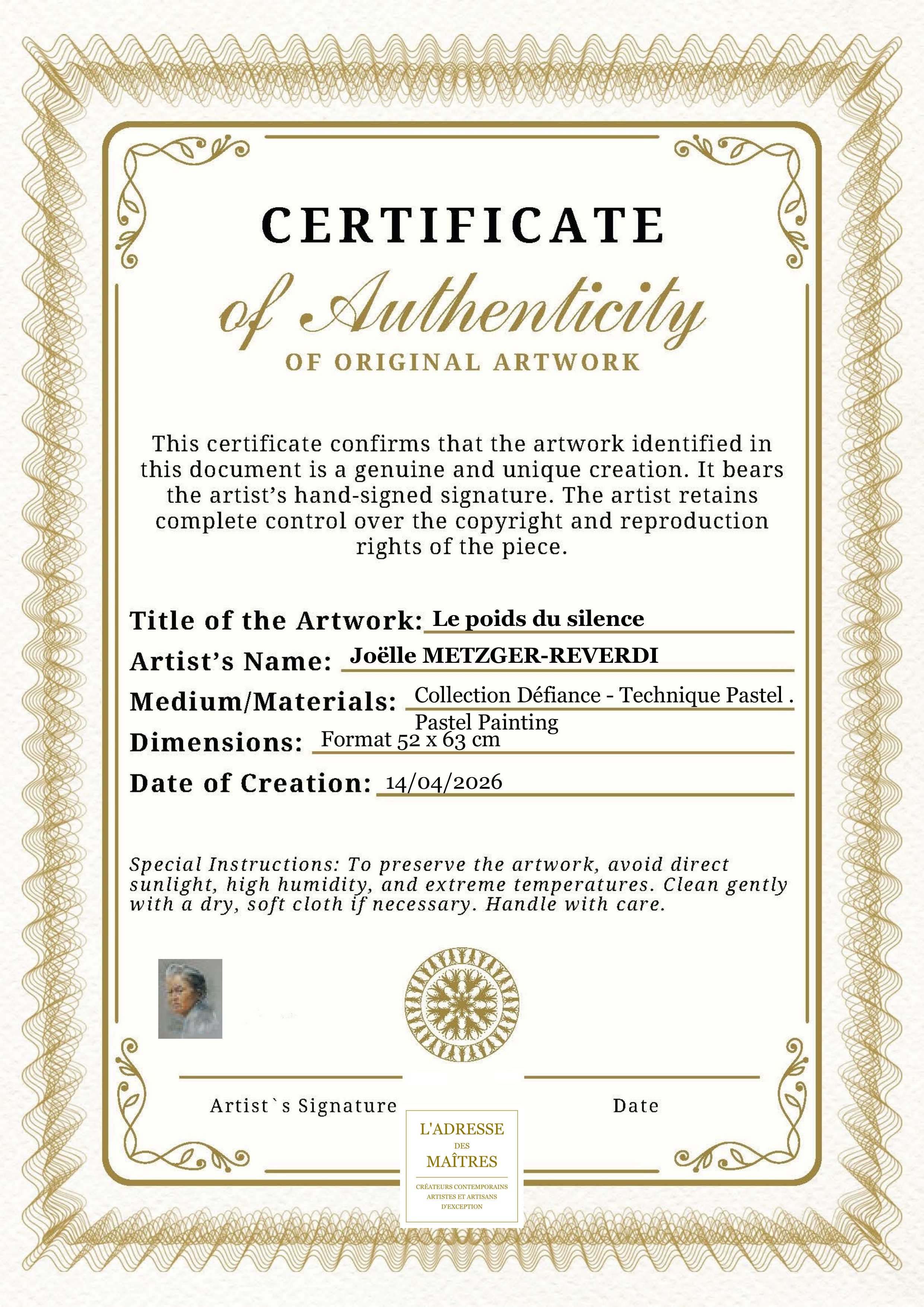 Certificat d'authenticité — Le poids du silence — Joëlle METZGER-REVERDI