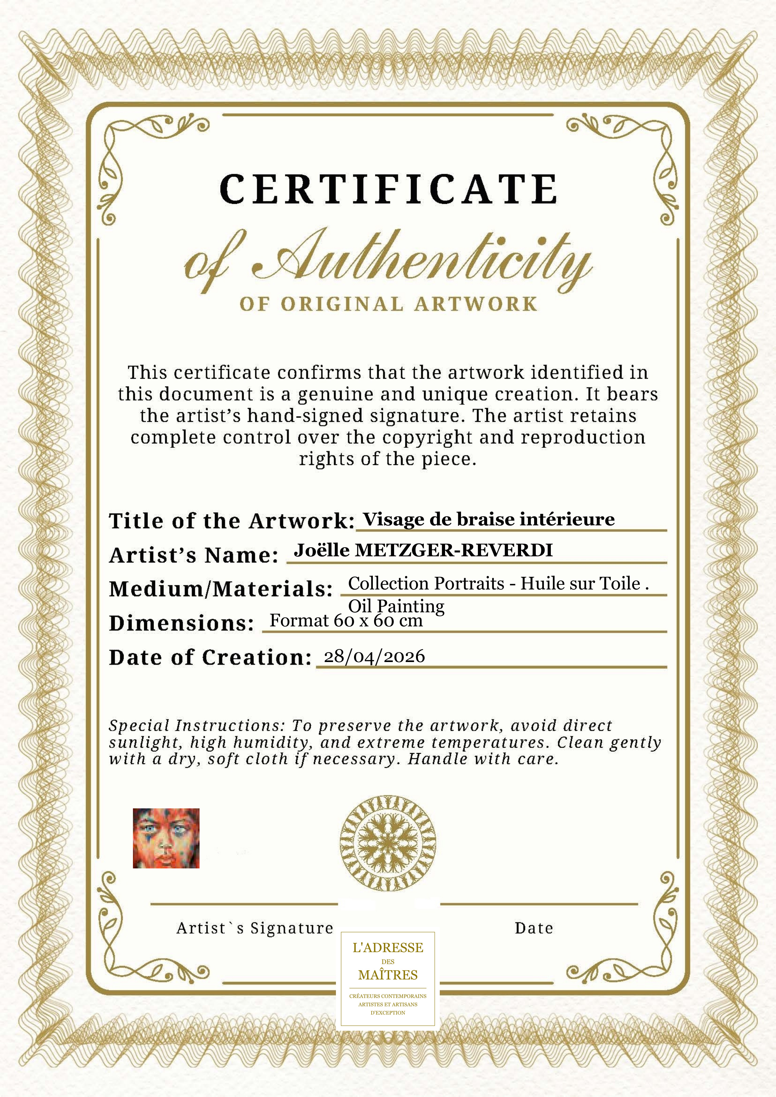 Certificat d'authenticité — Visage de braise intérieure — Joëlle METZGER-REVERDI