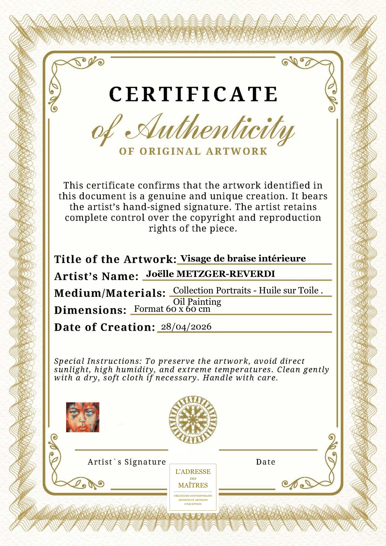 Certificat d'authenticité — Visage de braise intérieure — Joëlle METZGER-REVERDI