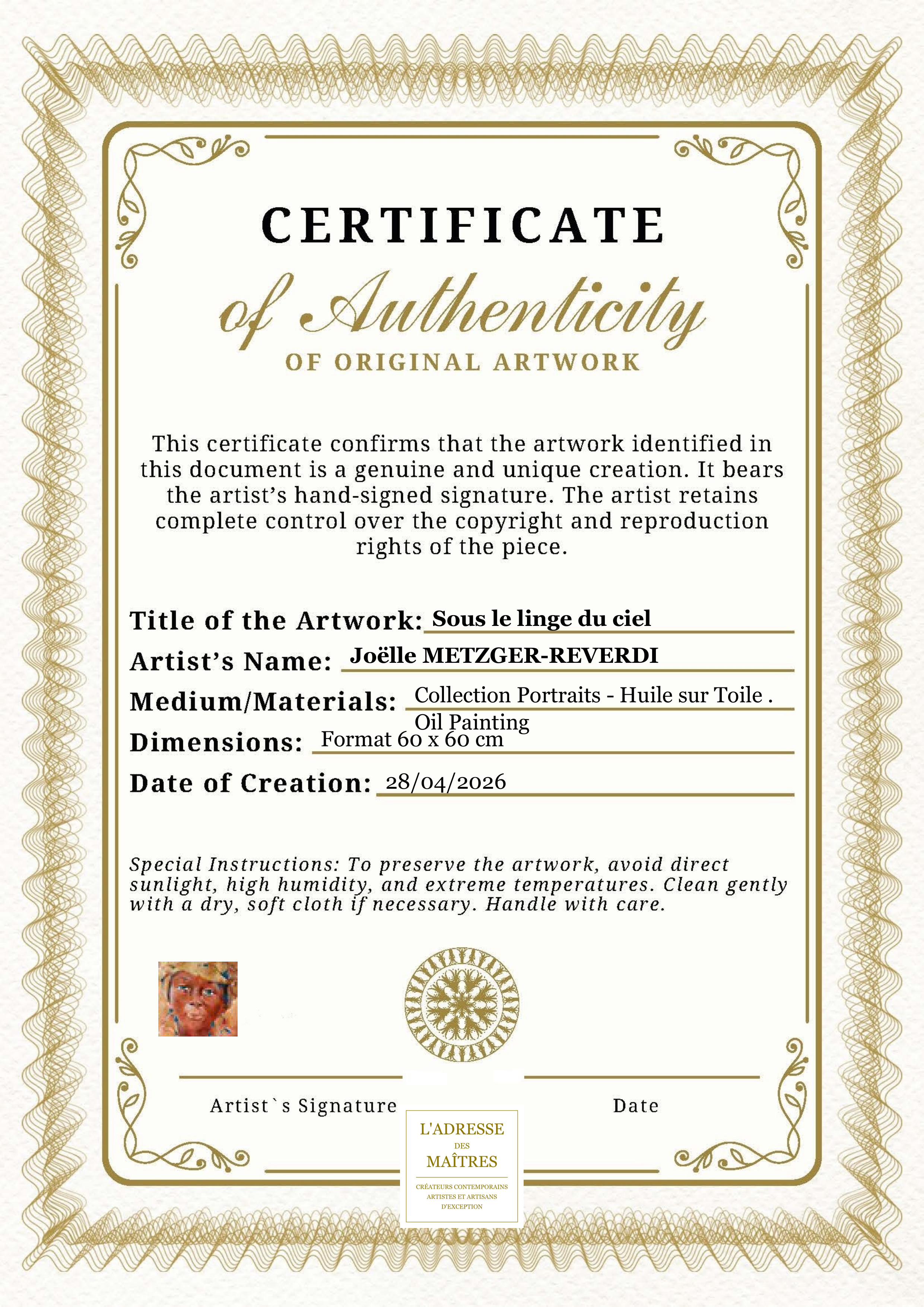 Certificat d'authenticité — Sous le linge du ciel — Joëlle METZGER-REVERDI