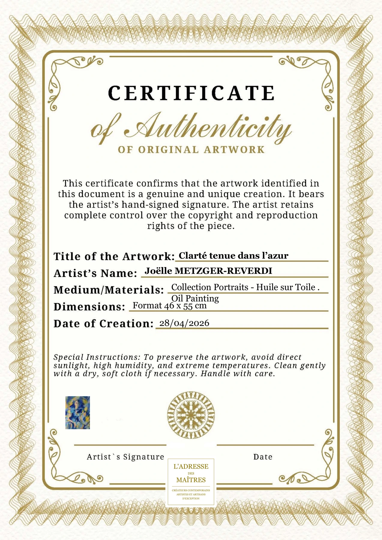 Certificat d'authenticité — Clarté tenue dans l’azur — Joëlle METZGER-REVERDI