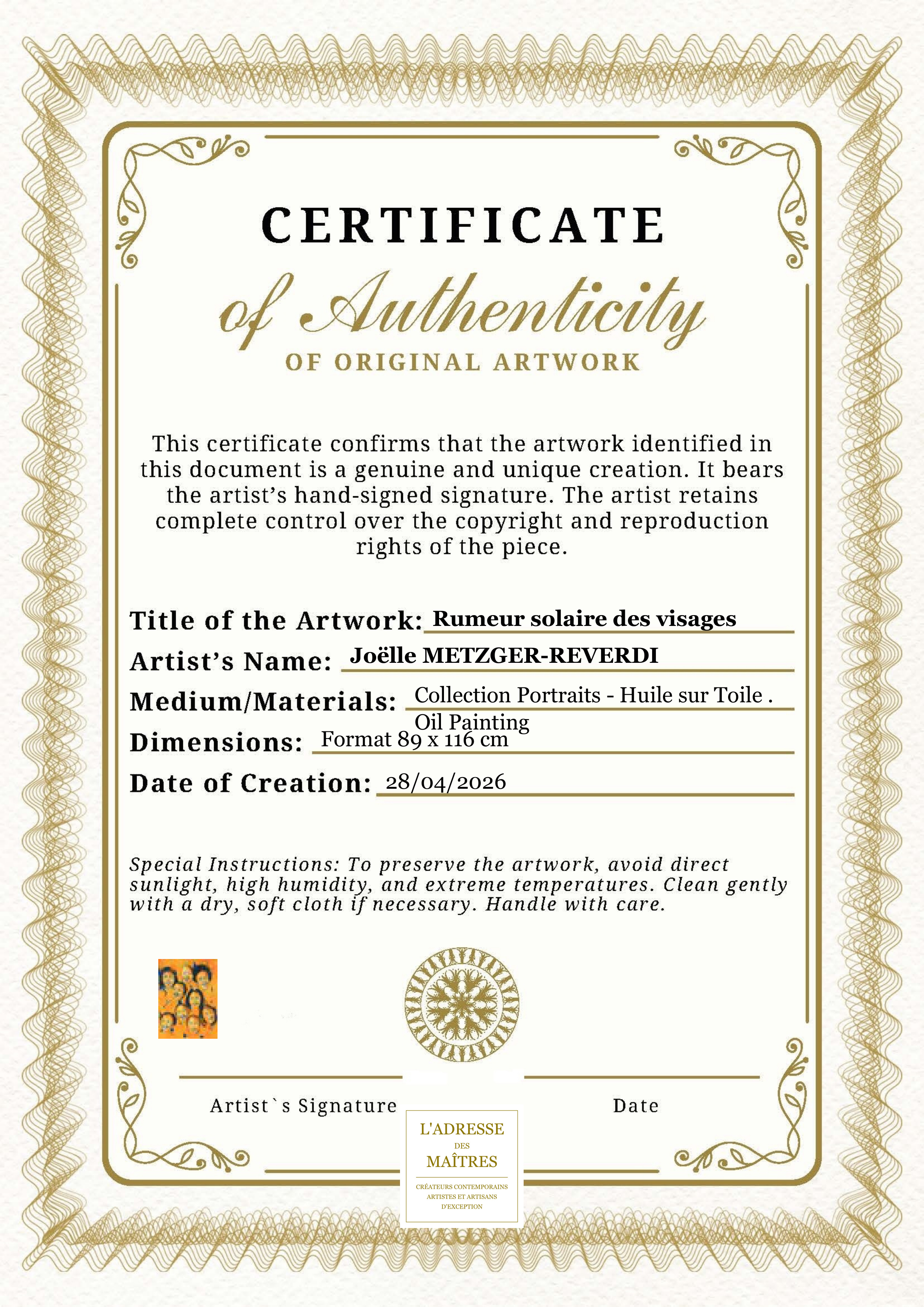 Certificat d'authenticité — Rumeur solaire des visages — Joëlle METZGER-REVERDI