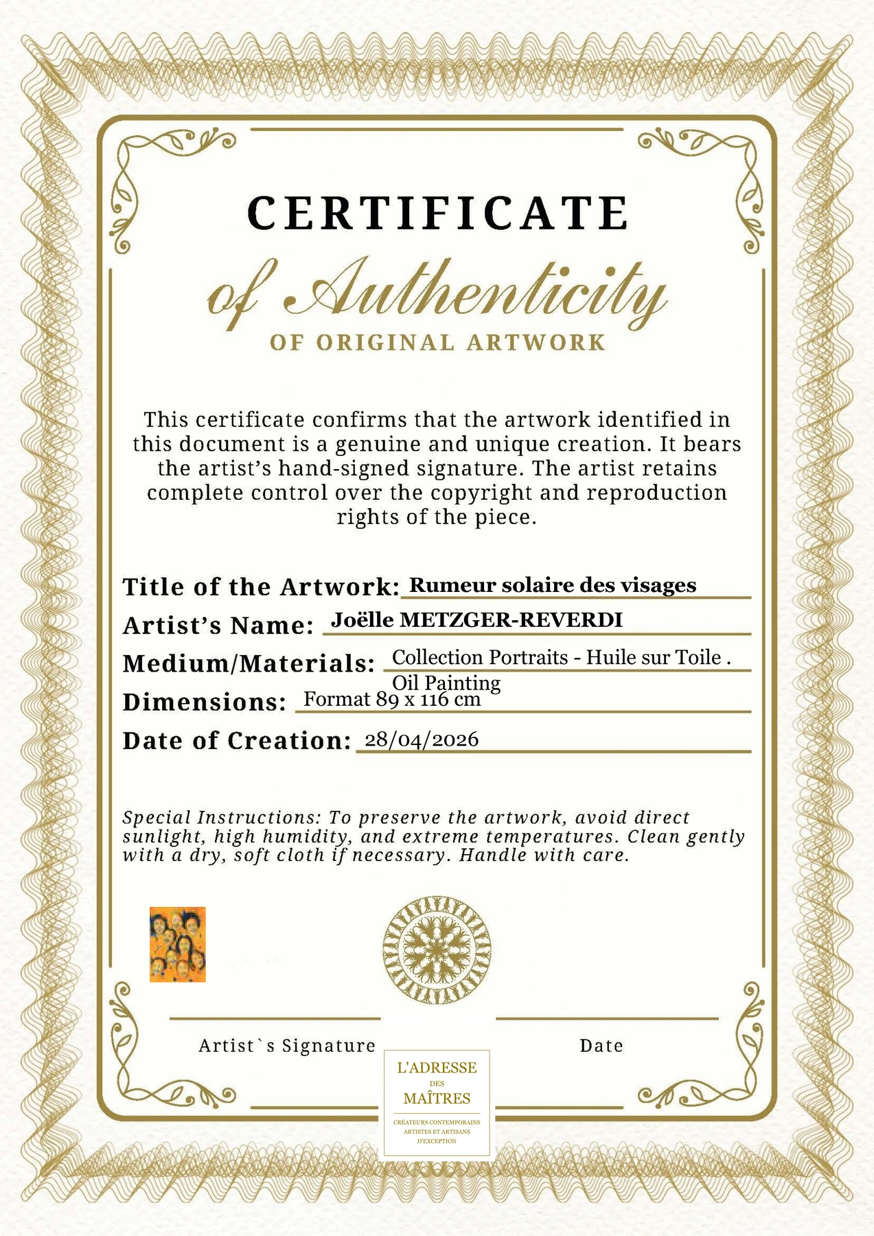 Certificat d'authenticité — Rumeur solaire des visages — Joëlle METZGER-REVERDI