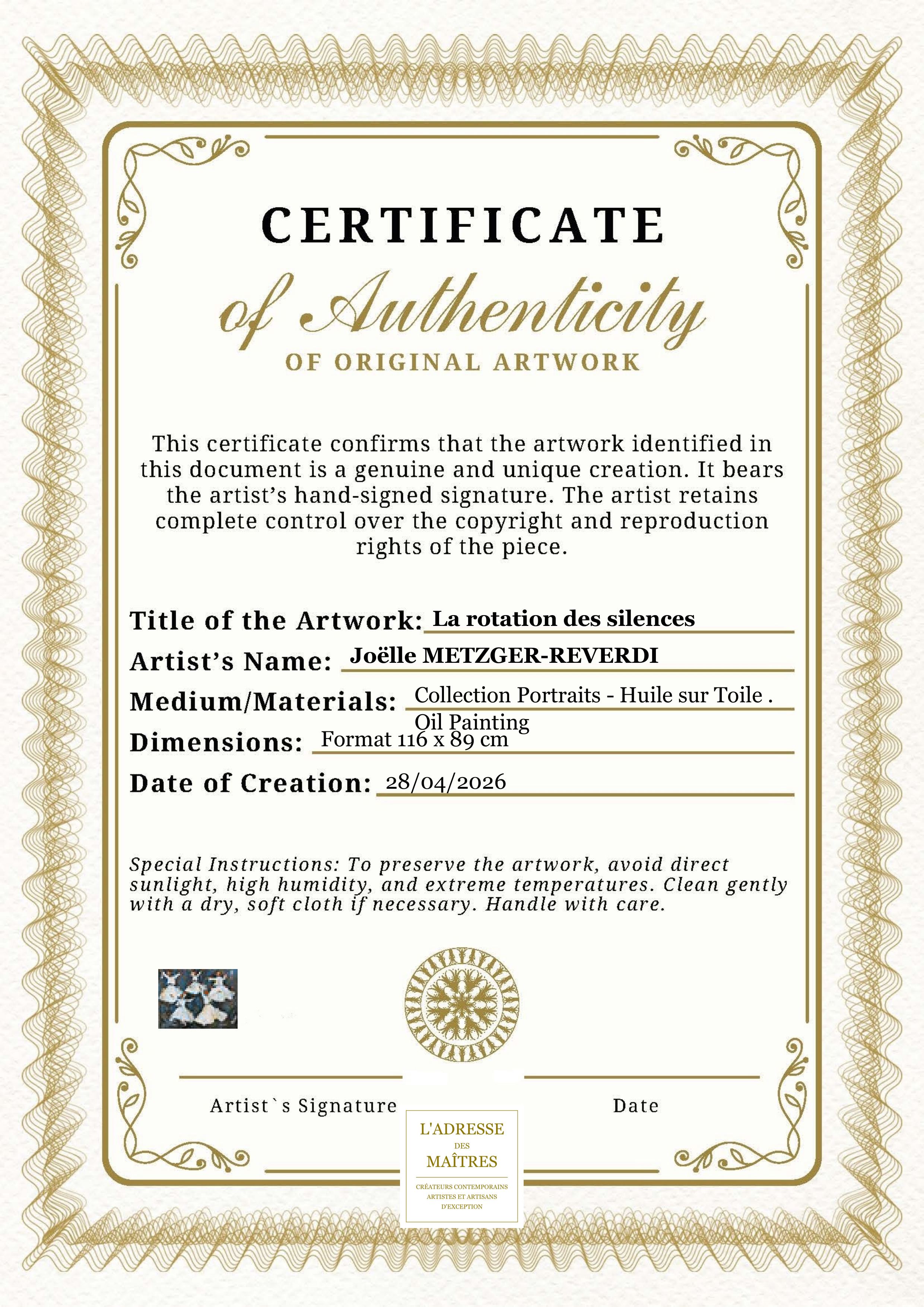 Certificat d'authenticité — La rotation des silences — Joëlle METZGER-REVERDI