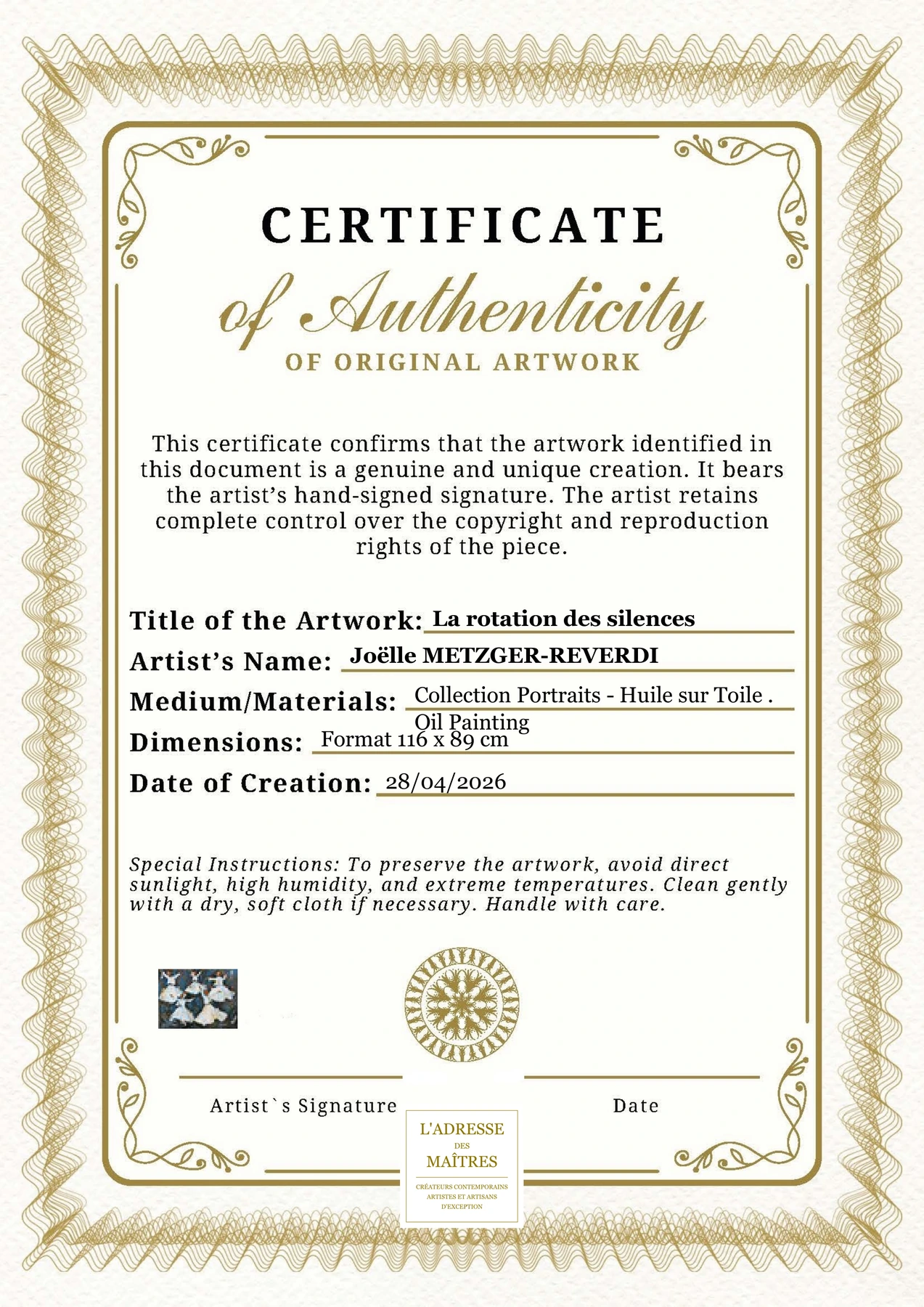 Certificat d'authenticité — La rotation des silences — Joëlle METZGER-REVERDI