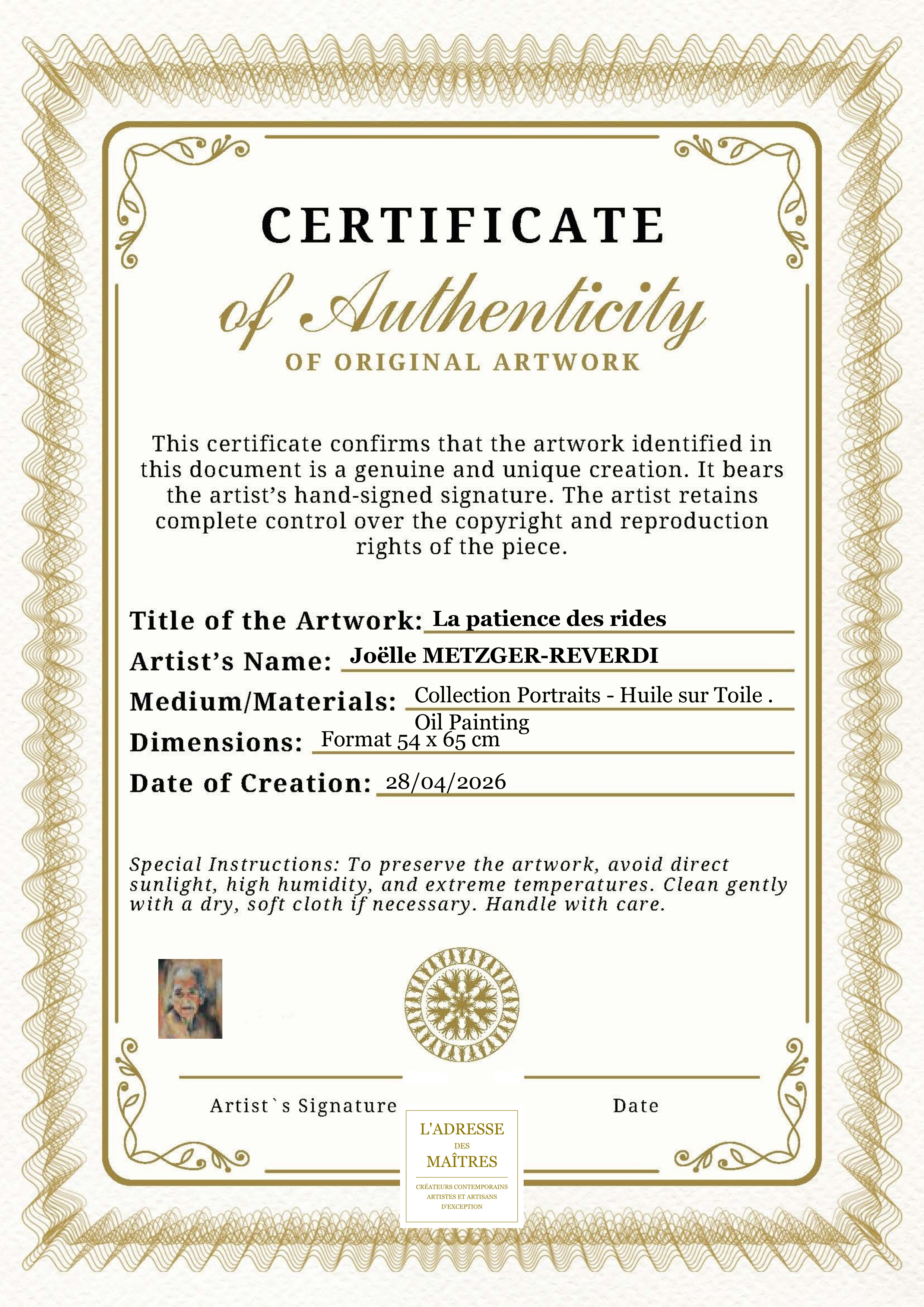Certificat d'authenticité — La patience des rides — Joëlle METZGER-REVERDI