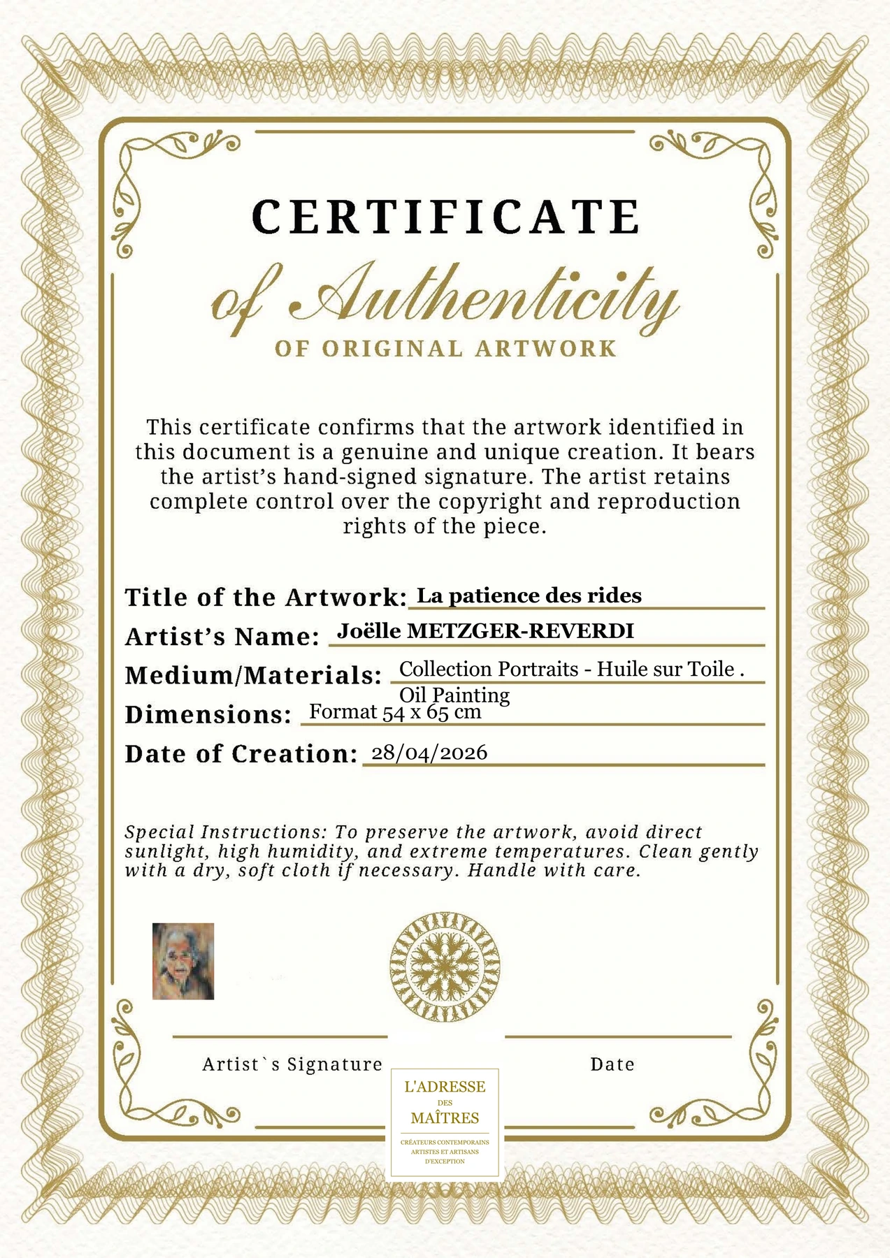 Certificat d'authenticité — La patience des rides — Joëlle METZGER-REVERDI