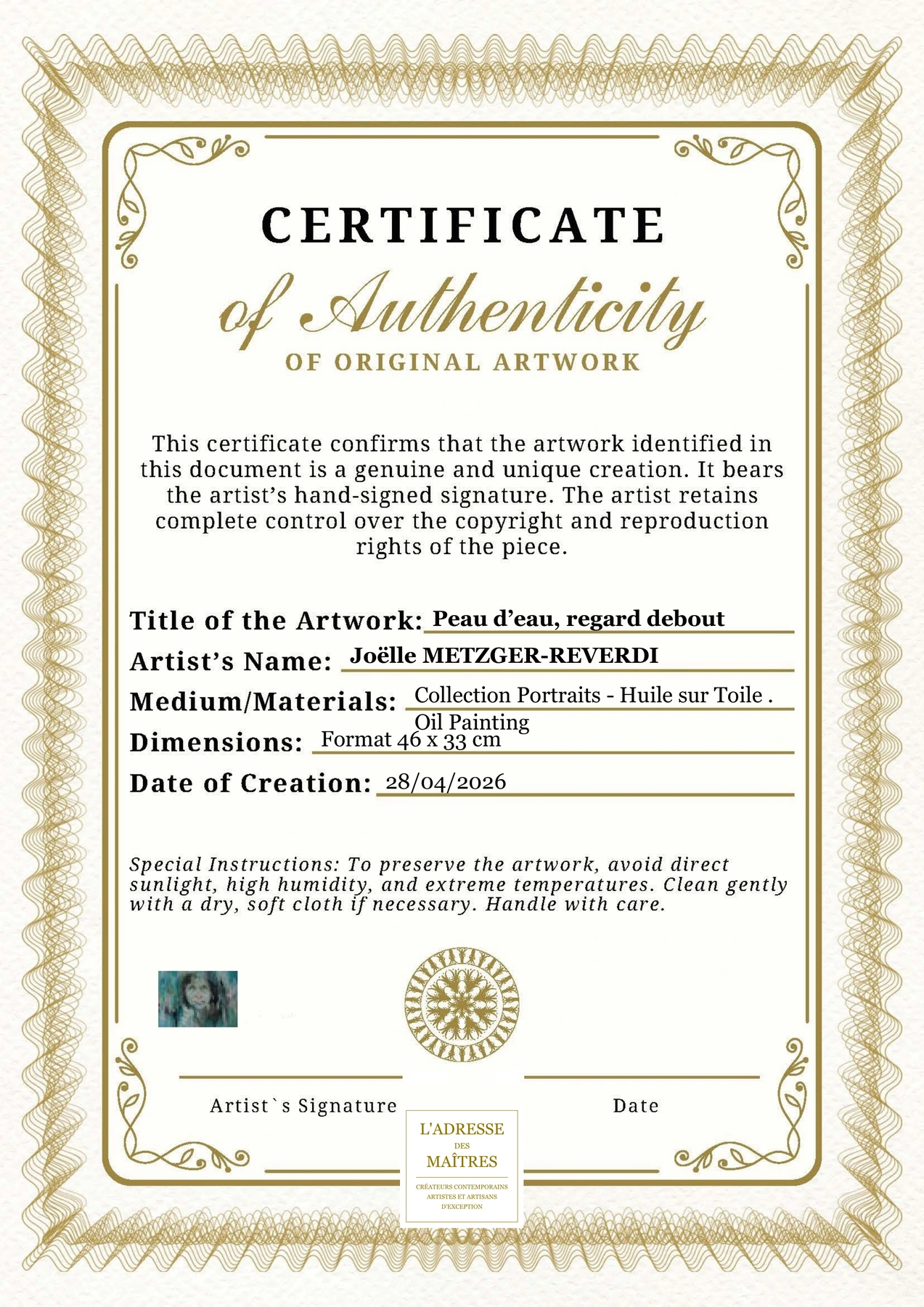 Certificat d'authenticité — Peau d’eau, regard debout — Joëlle METZGER-REVERDI