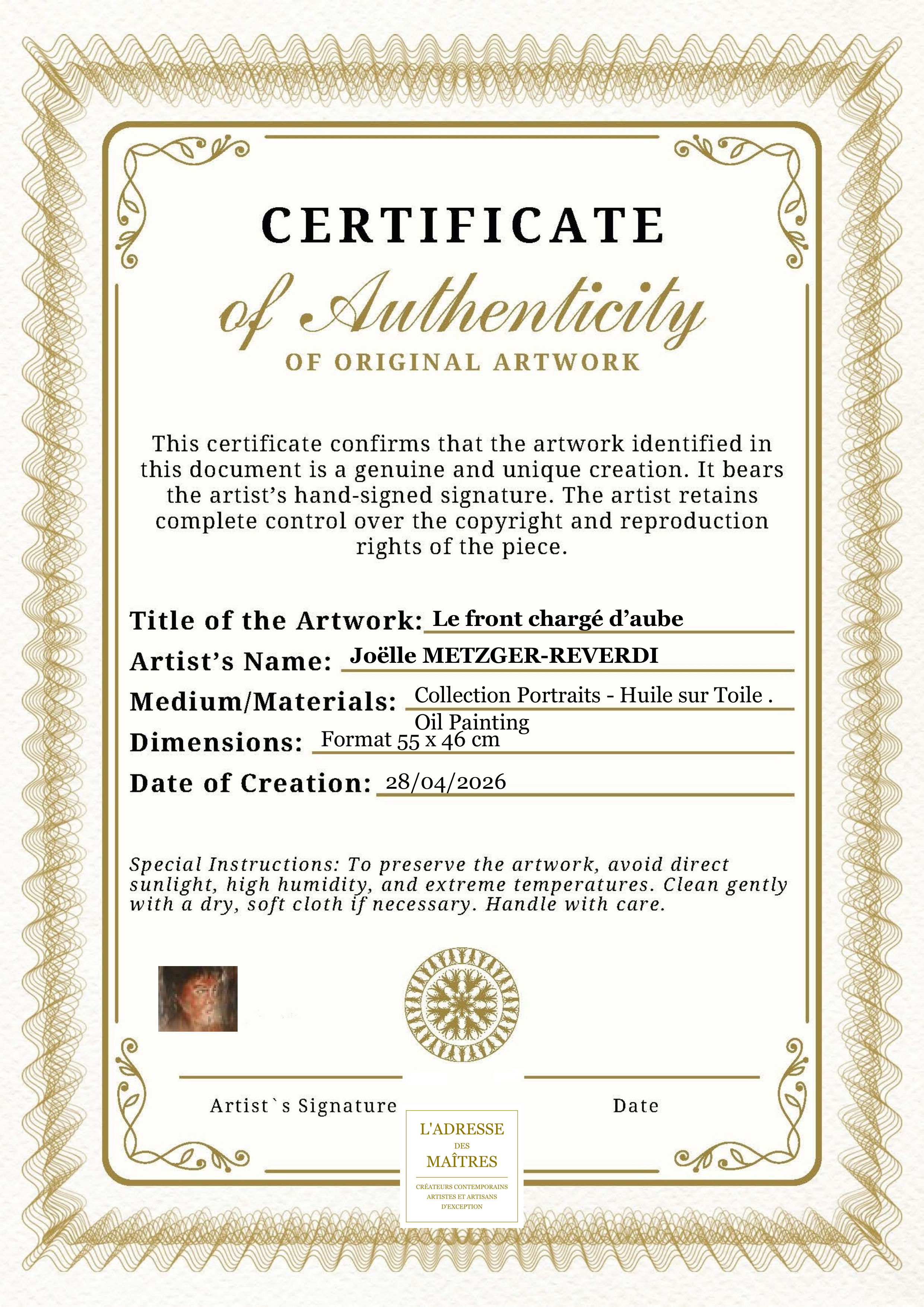 Certificat d'authenticité — Le front chargé d’aube — Joëlle METZGER-REVERDI