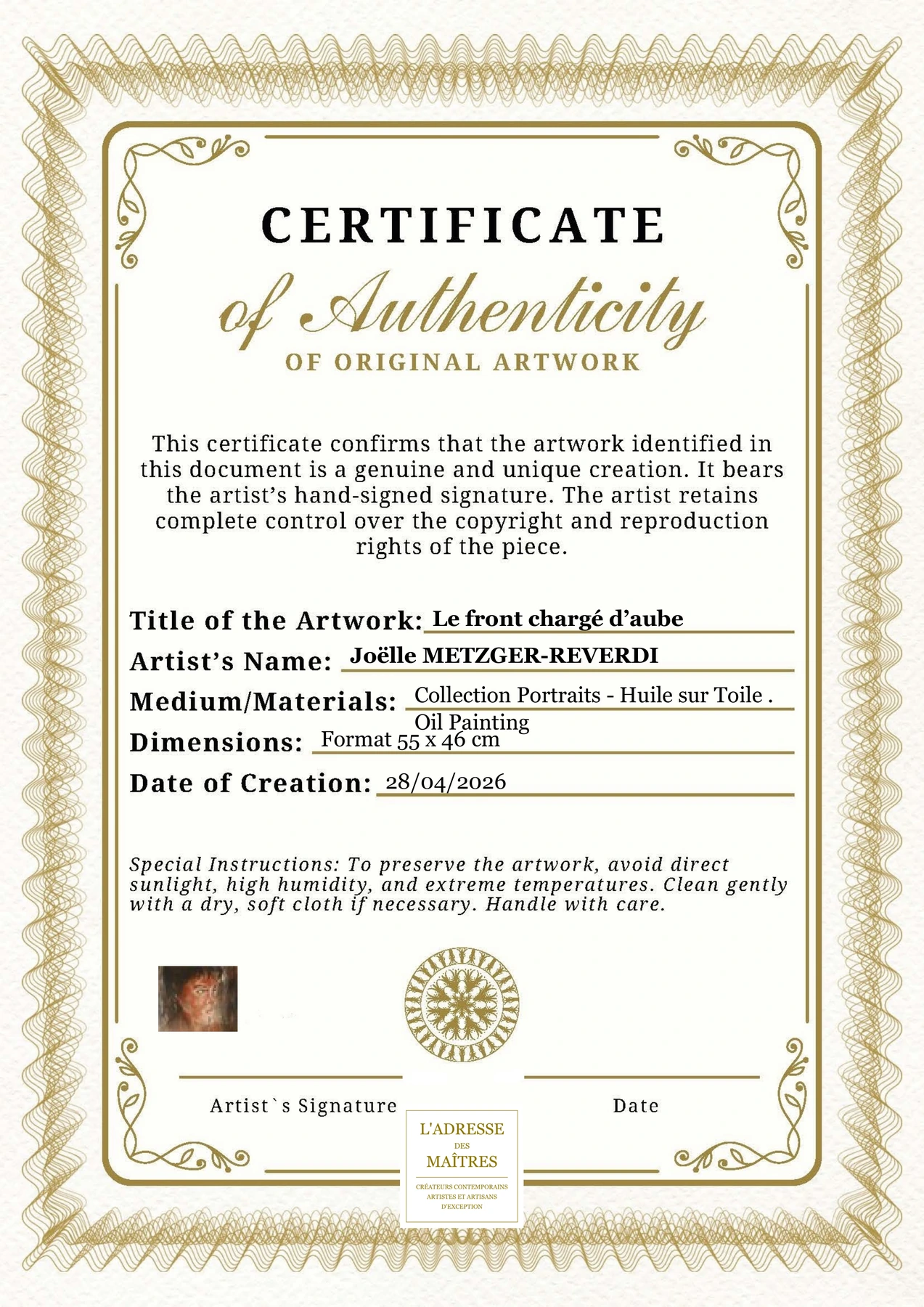 Certificat d'authenticité — Le front chargé d’aube — Joëlle METZGER-REVERDI