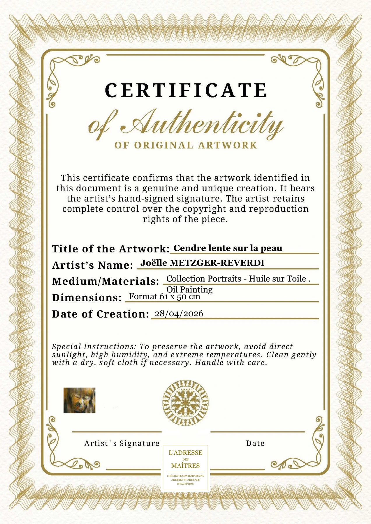 Certificat d'authenticité — Cendre lente sur la peau — Joëlle METZGER-REVERDI
