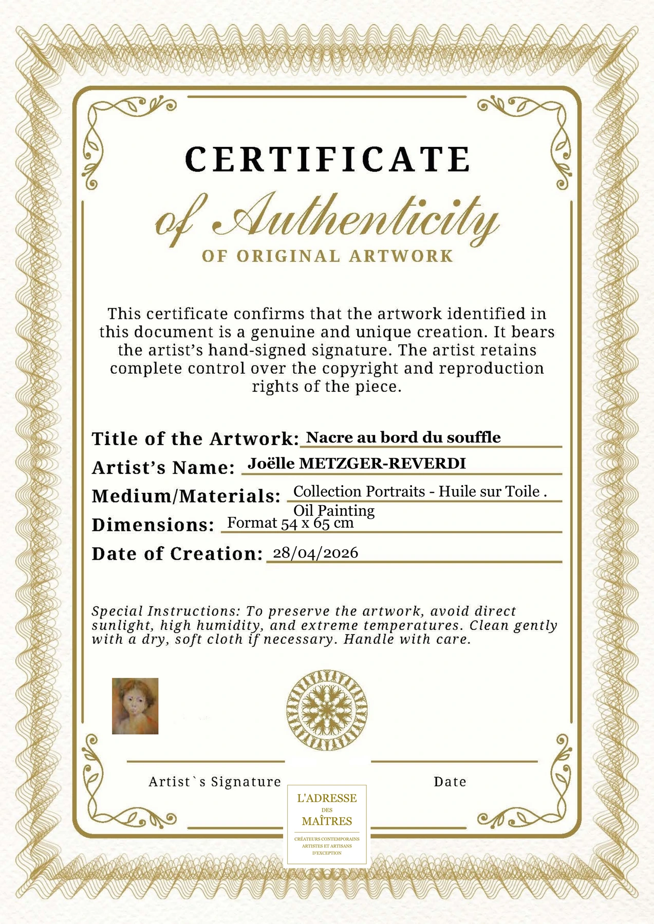 Certificat d'authenticité — Nacre au bord du souffle — Joëlle METZGER-REVERDI