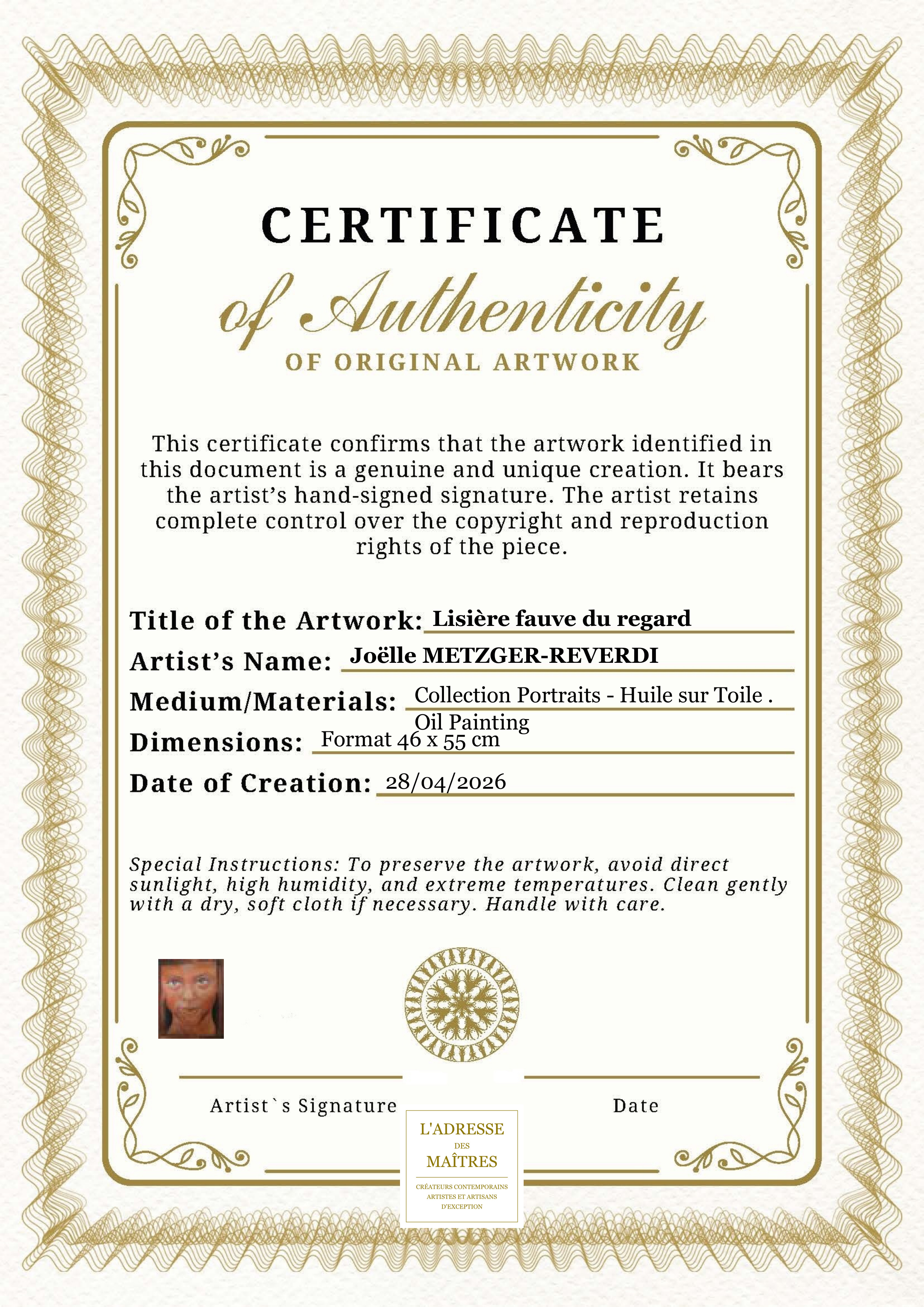Certificat d'authenticité — Lisière fauve du regard — Joëlle METZGER-REVERDI