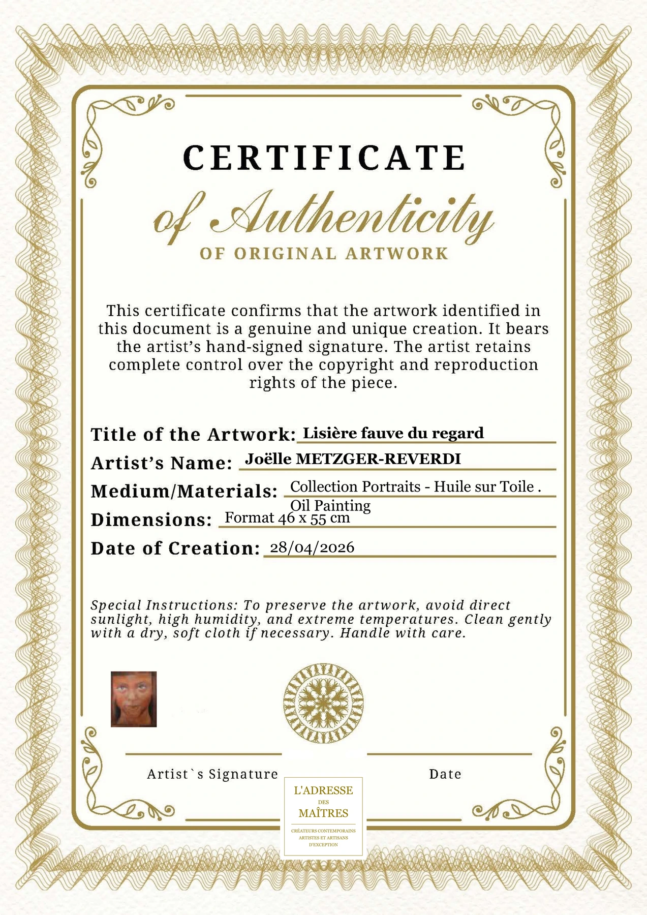 Certificat d'authenticité — Lisière fauve du regard — Joëlle METZGER-REVERDI