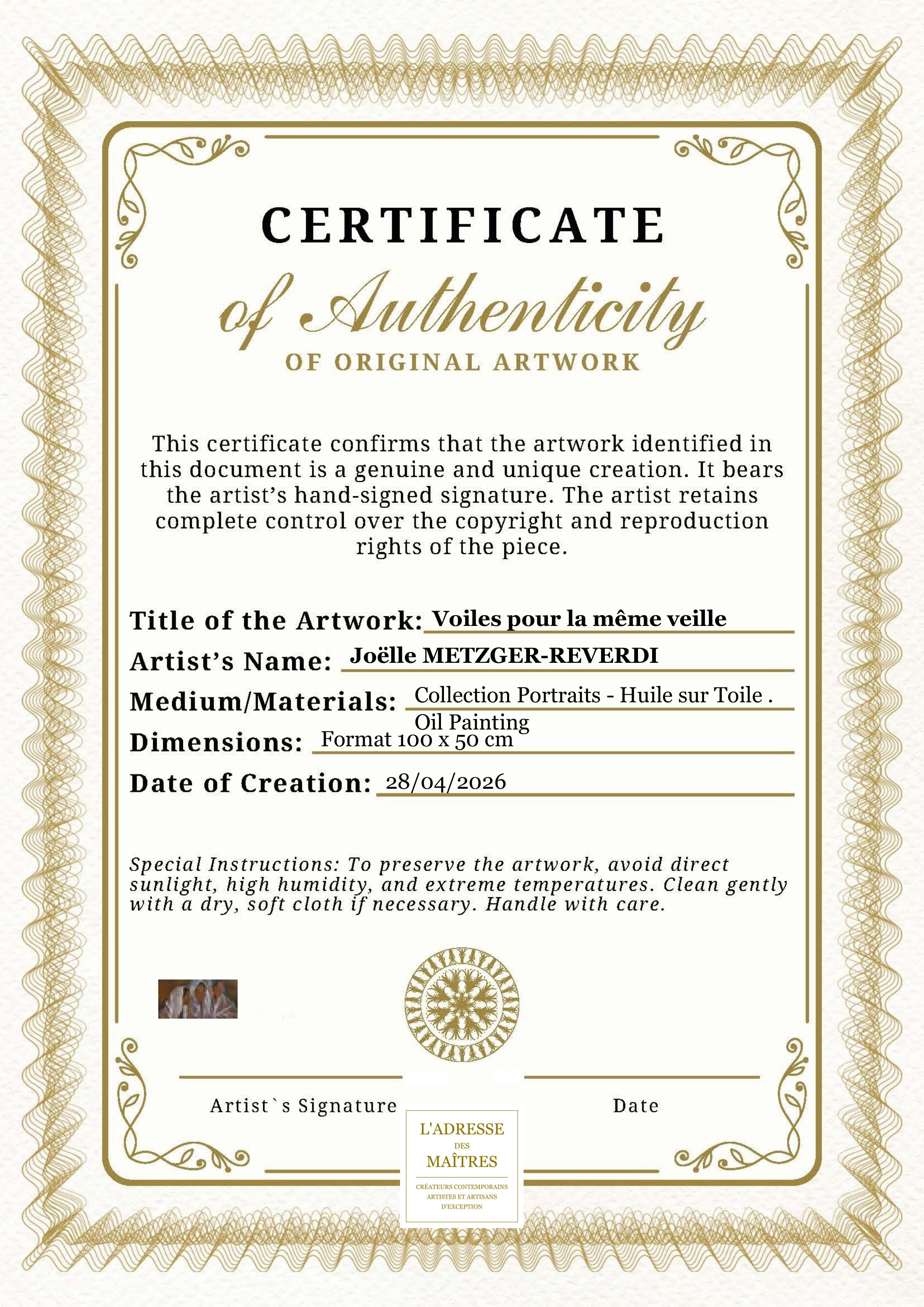 Certificat d'authenticité — Voiles pour la même veille — Joëlle METZGER-REVERDI
