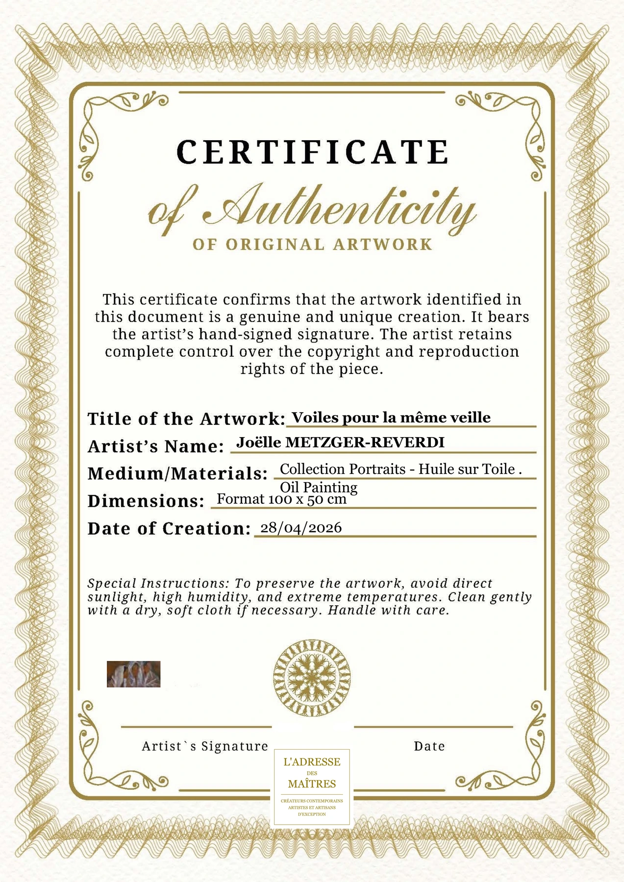 Certificat d'authenticité — Voiles pour la même veille — Joëlle METZGER-REVERDI