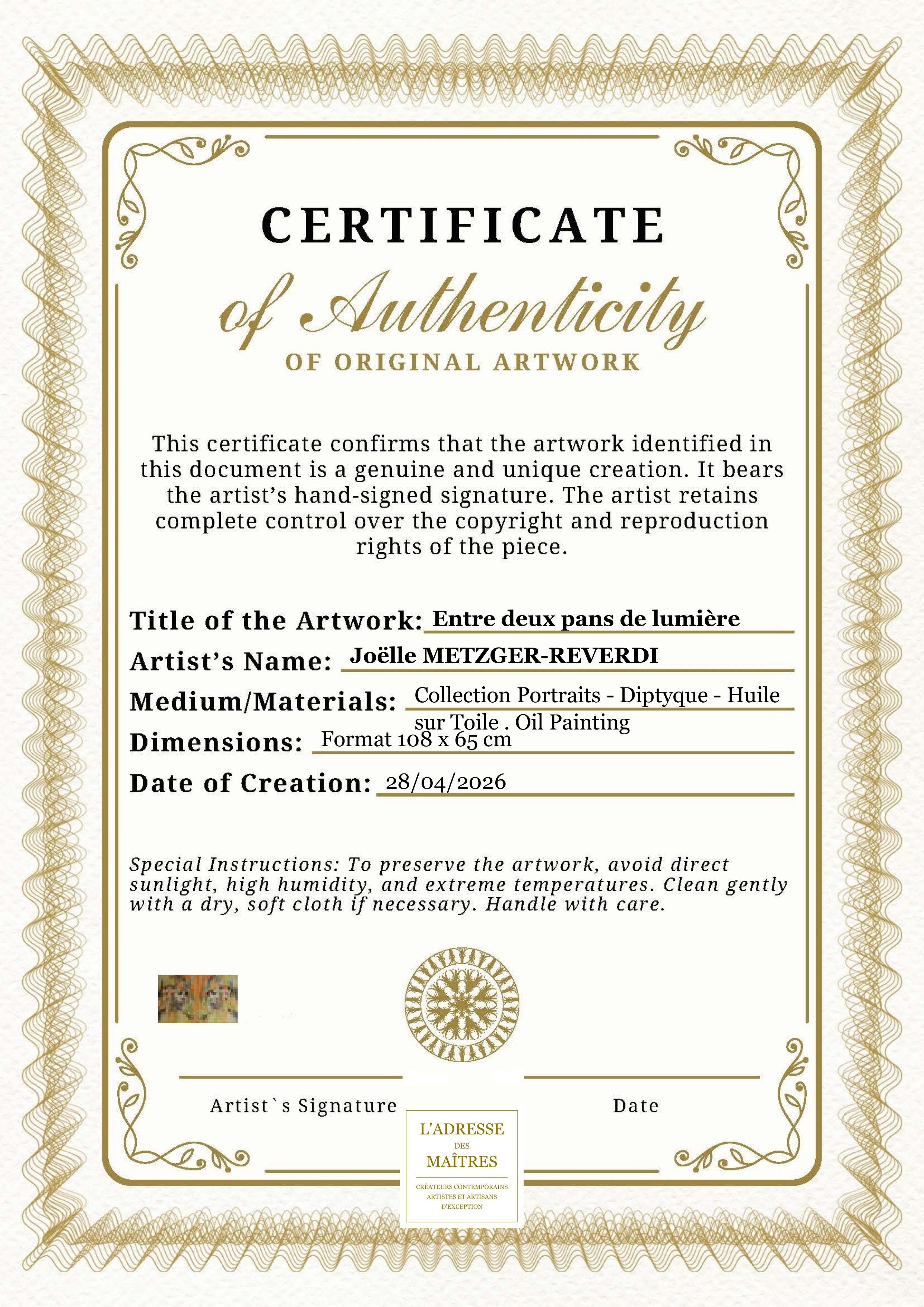 Certificat d'authenticité — Entre deux pans de lumière — Joëlle METZGER-REVERDI