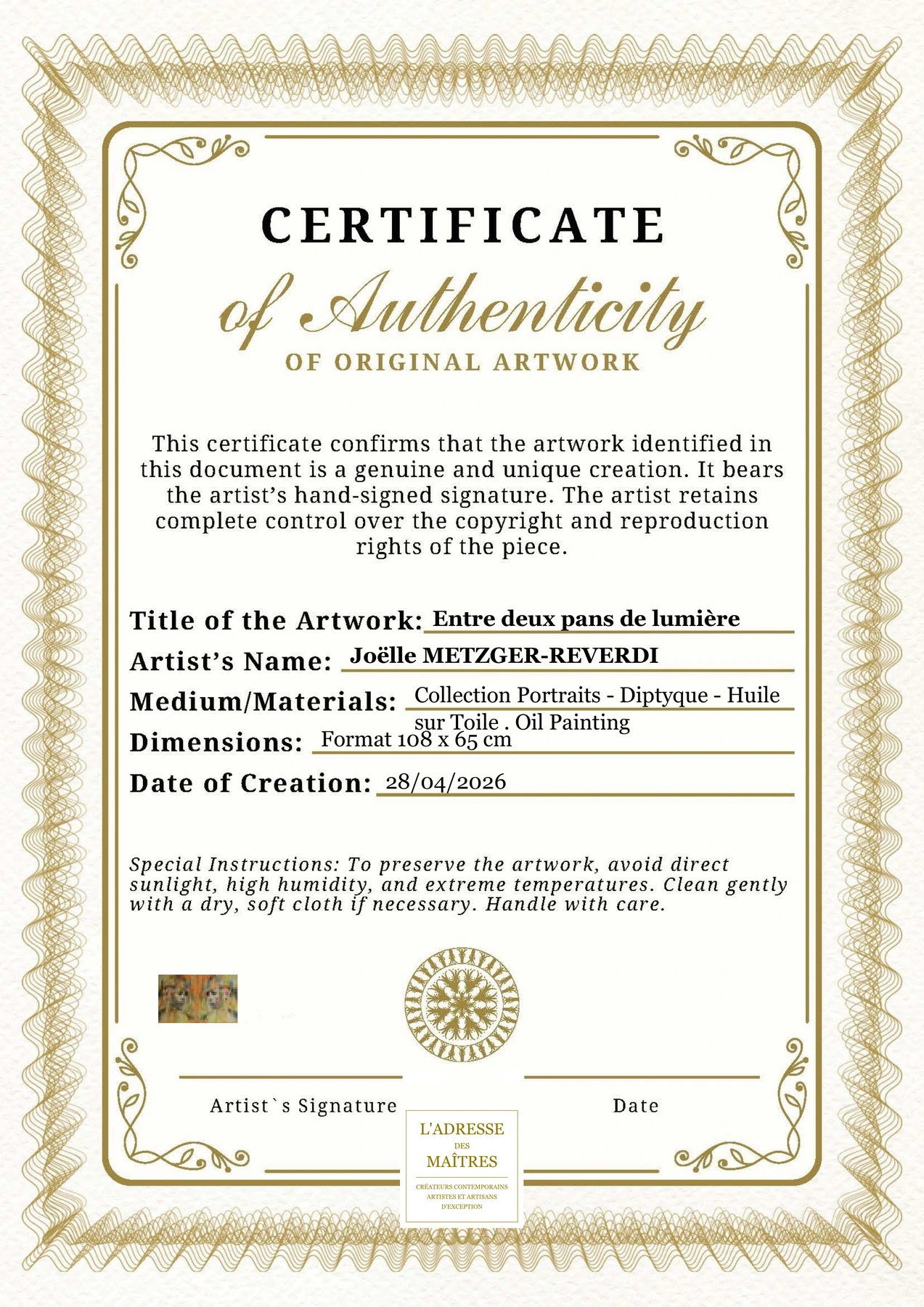 Certificat d'authenticité — Entre deux pans de lumière — Joëlle METZGER-REVERDI