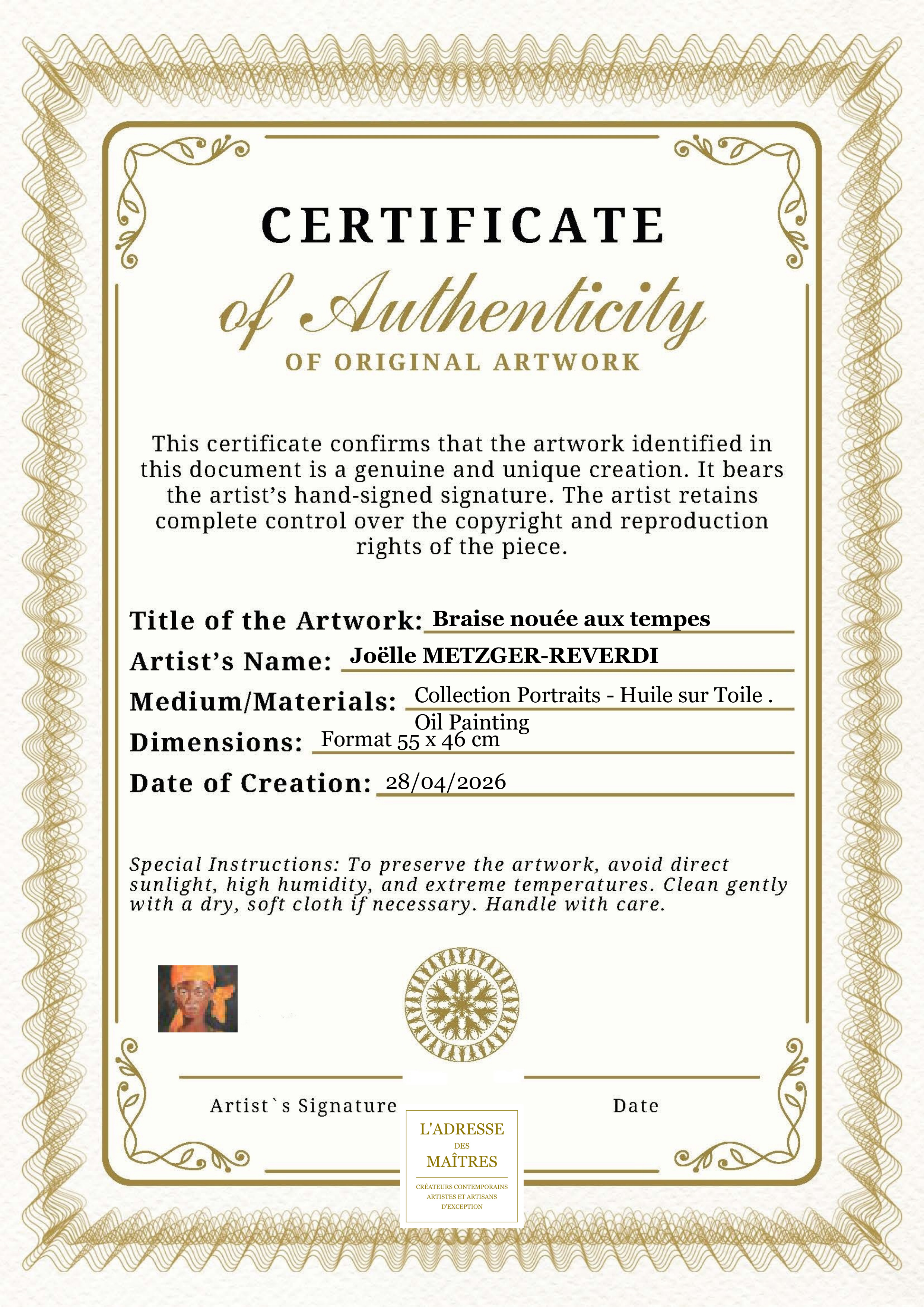 Certificat d'authenticité — Braise nouée aux tempes — Joëlle METZGER-REVERDI