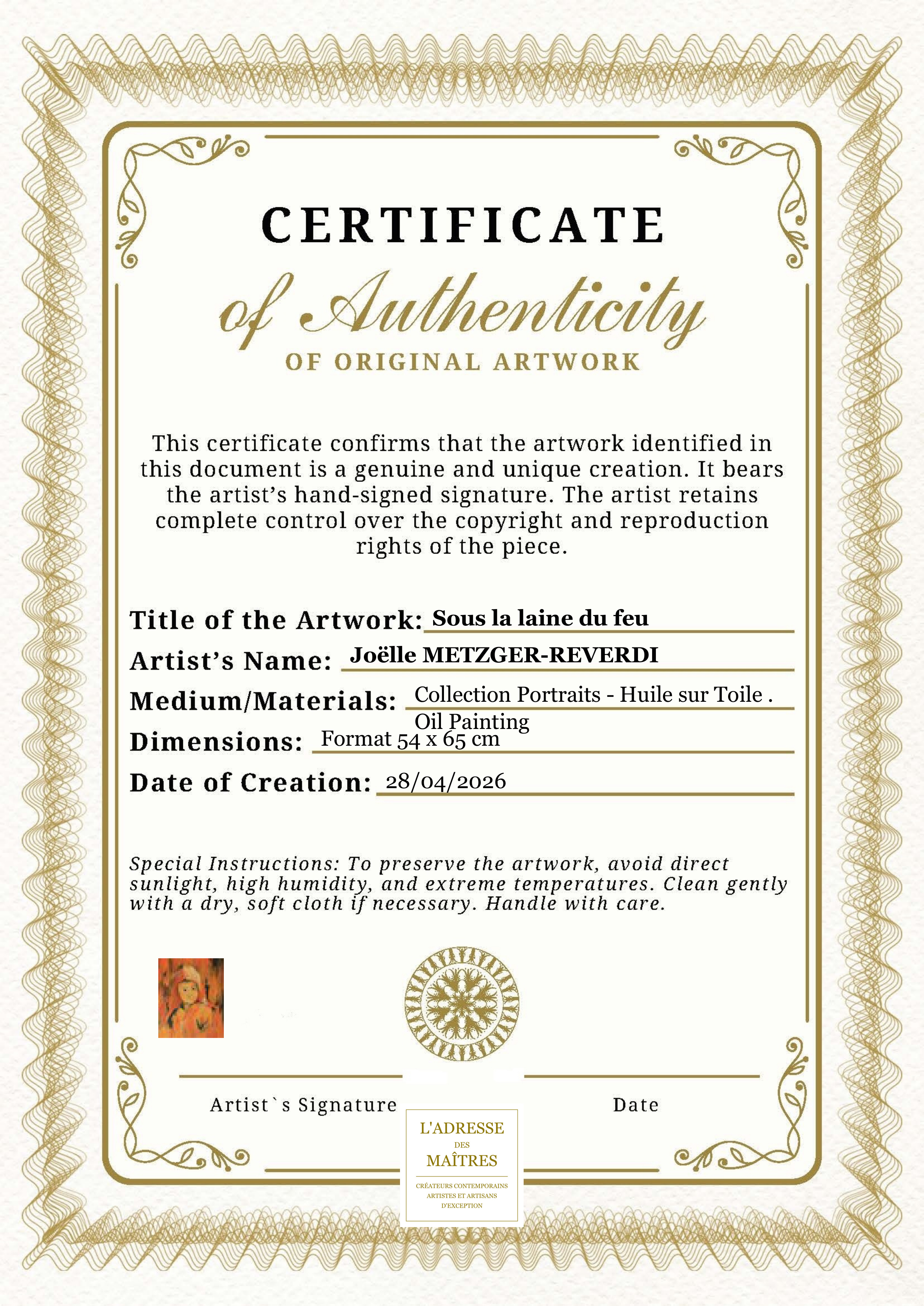 Certificat d'authenticité — Sous la laine du feu — Joëlle METZGER-REVERDI
