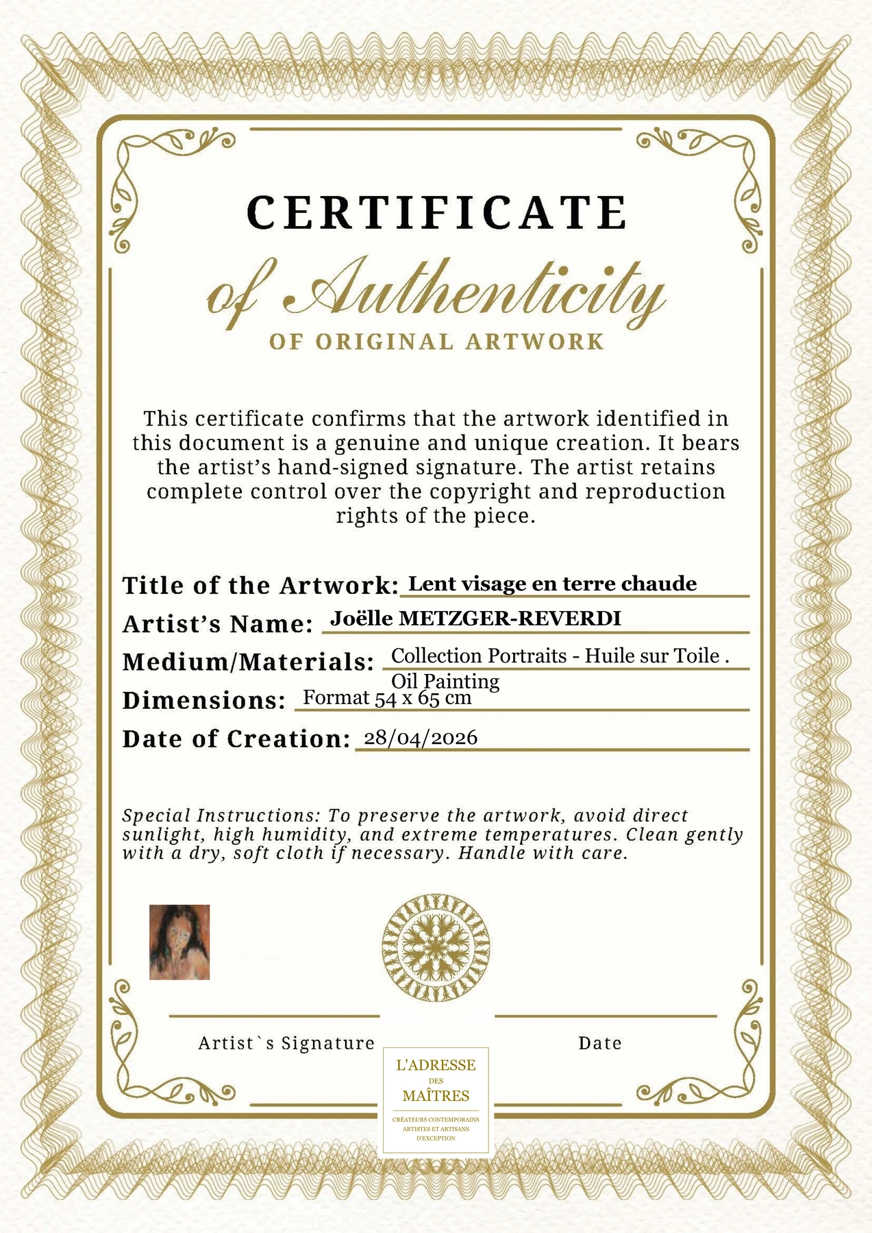 Certificat d'authenticité - Lent visage en terre chaude - Joëlle METZGER-REVERDI