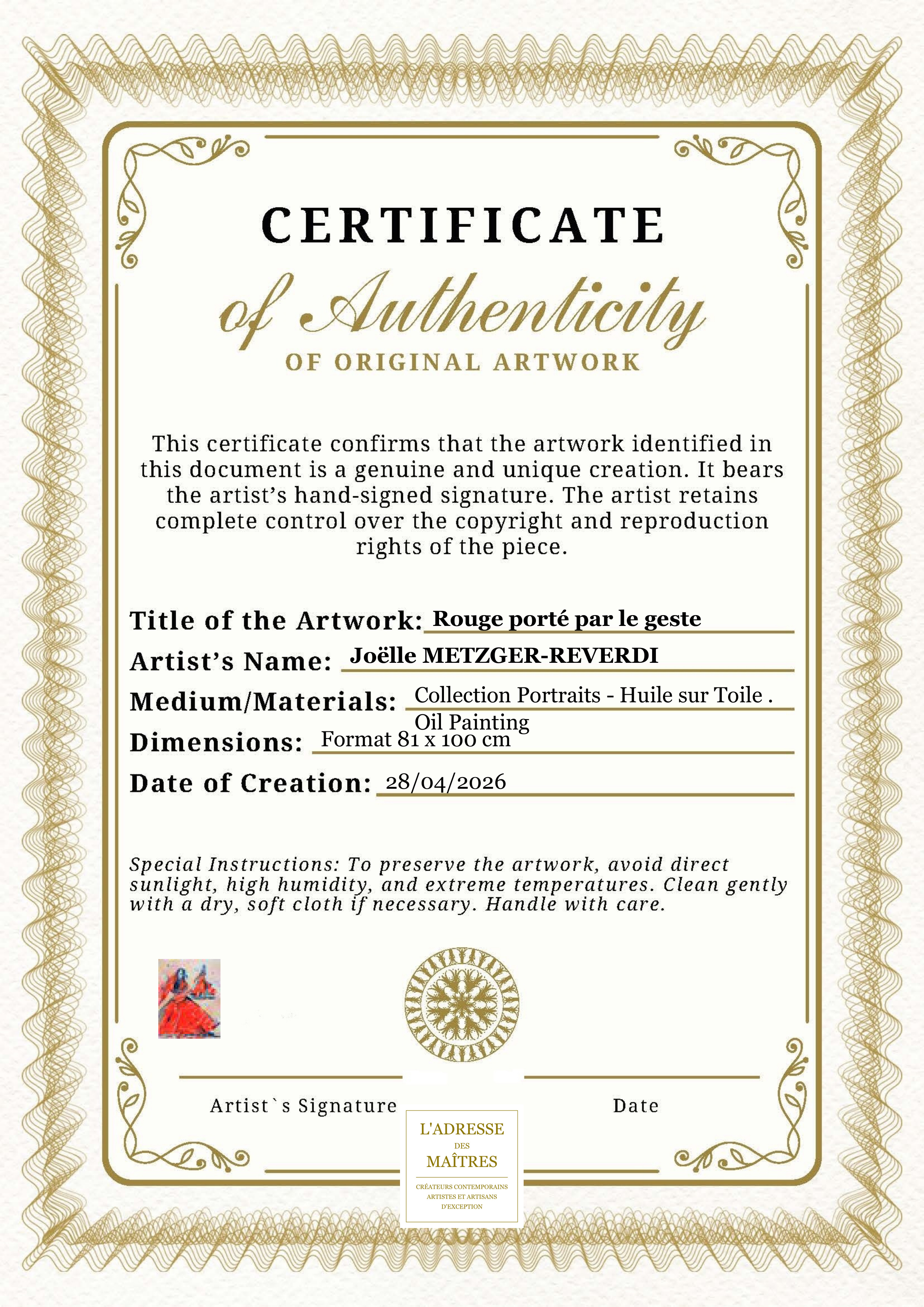 Certificat d'authenticité — Rouge porté par le geste — Joëlle METZGER-REVERDI