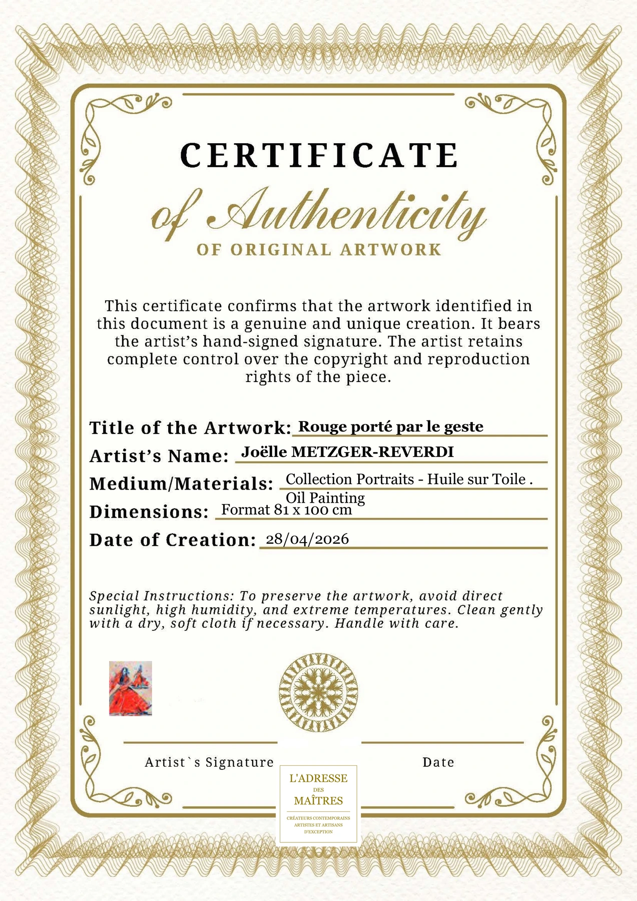 Certificat d'authenticité — Rouge porté par le geste — Joëlle METZGER-REVERDI