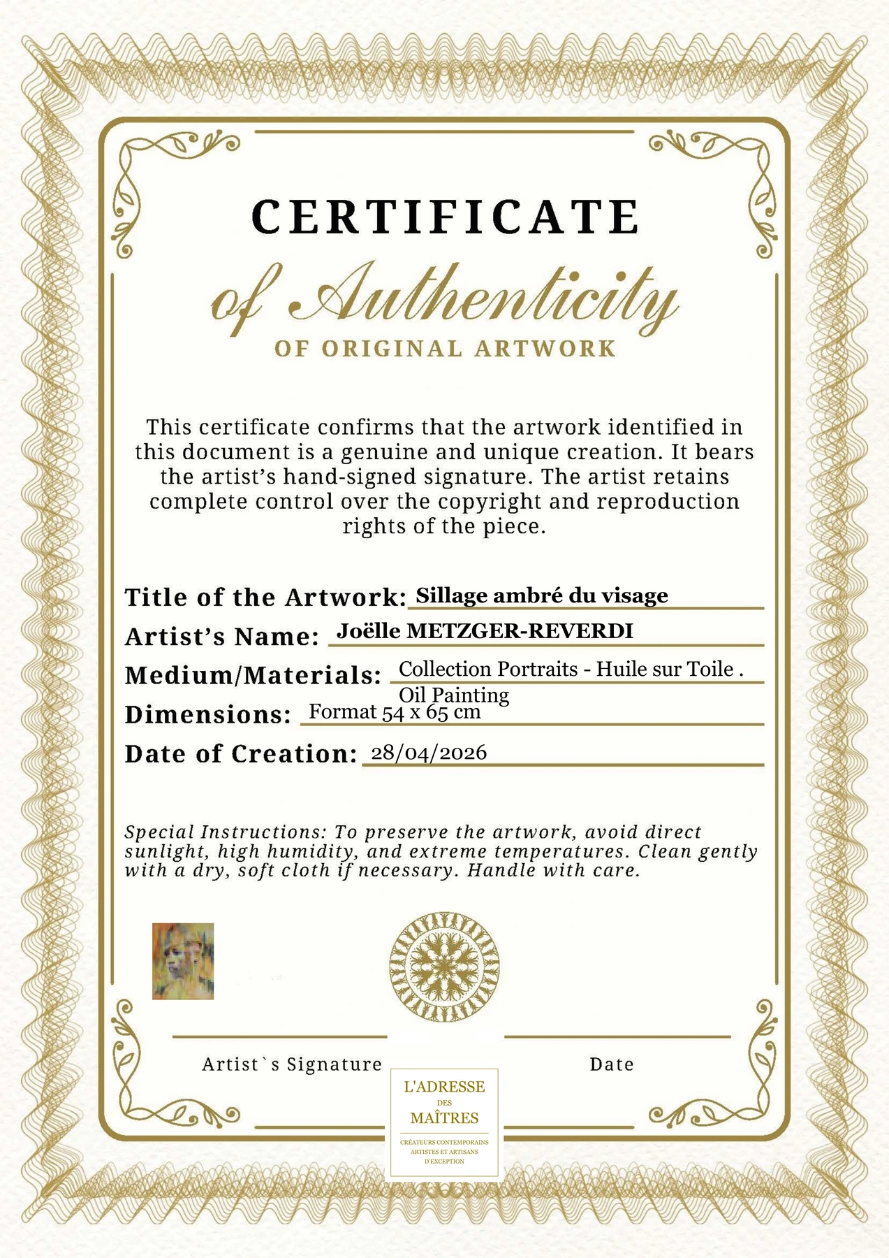Certificat d'authenticité — Sillage ambré du visage — Joëlle METZGER-REVERDI